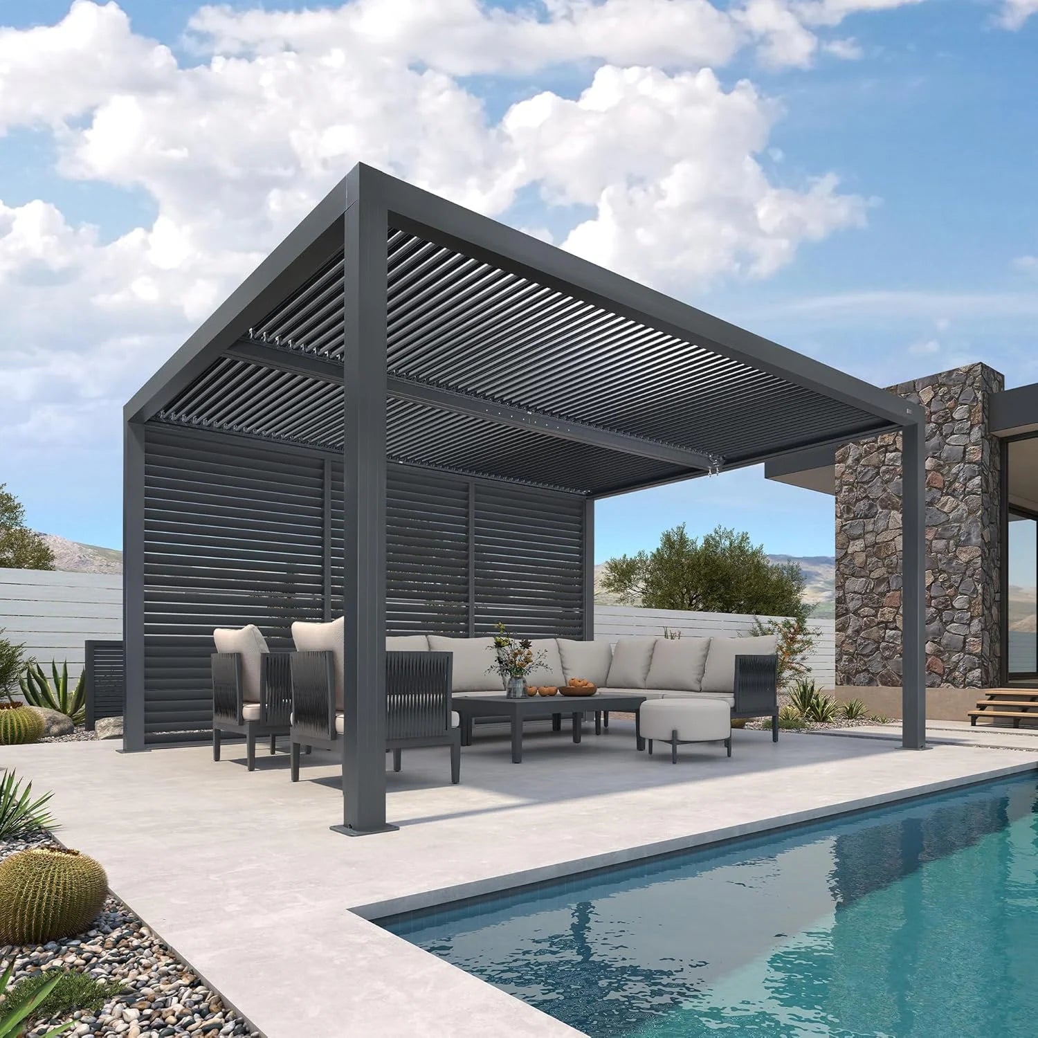 Gray Louvered Pergola Outdoor Aluminum Pergola with Adjustable Roof for Patio Gray Hardtop Gazebo