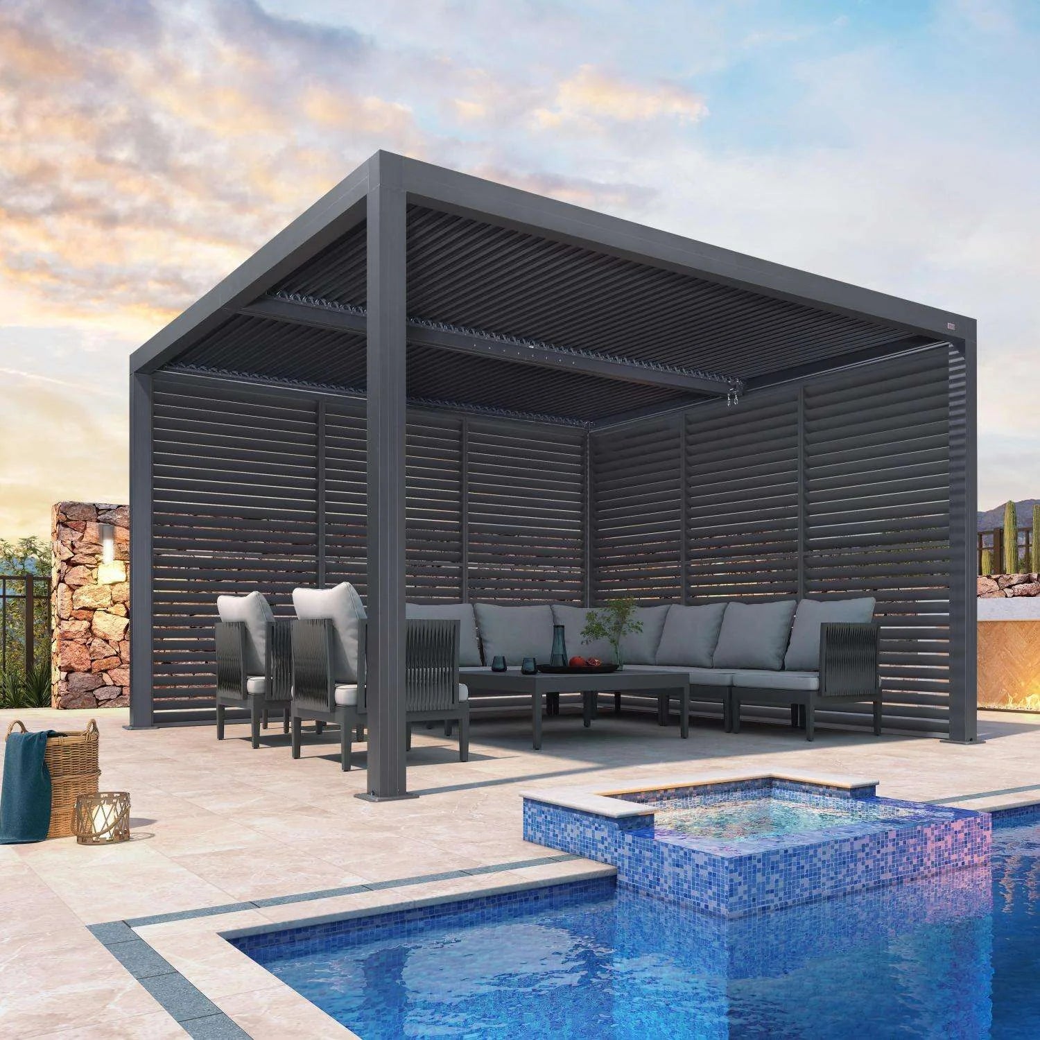 Gray Louvered Pergola Outdoor Aluminum Pergola with Adjustable Roof for Patio Gray Hardtop Gazebo