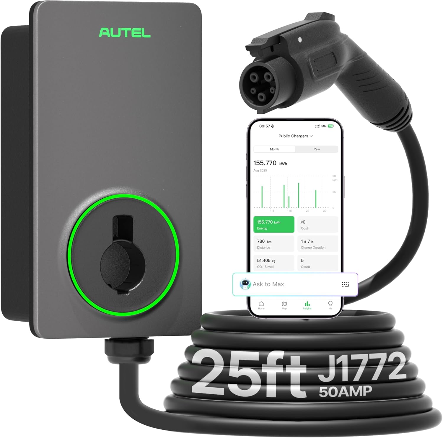 Level 2 EV Charger – 50A Smart Fast Charging Station with App Control & AI Voice Assistant