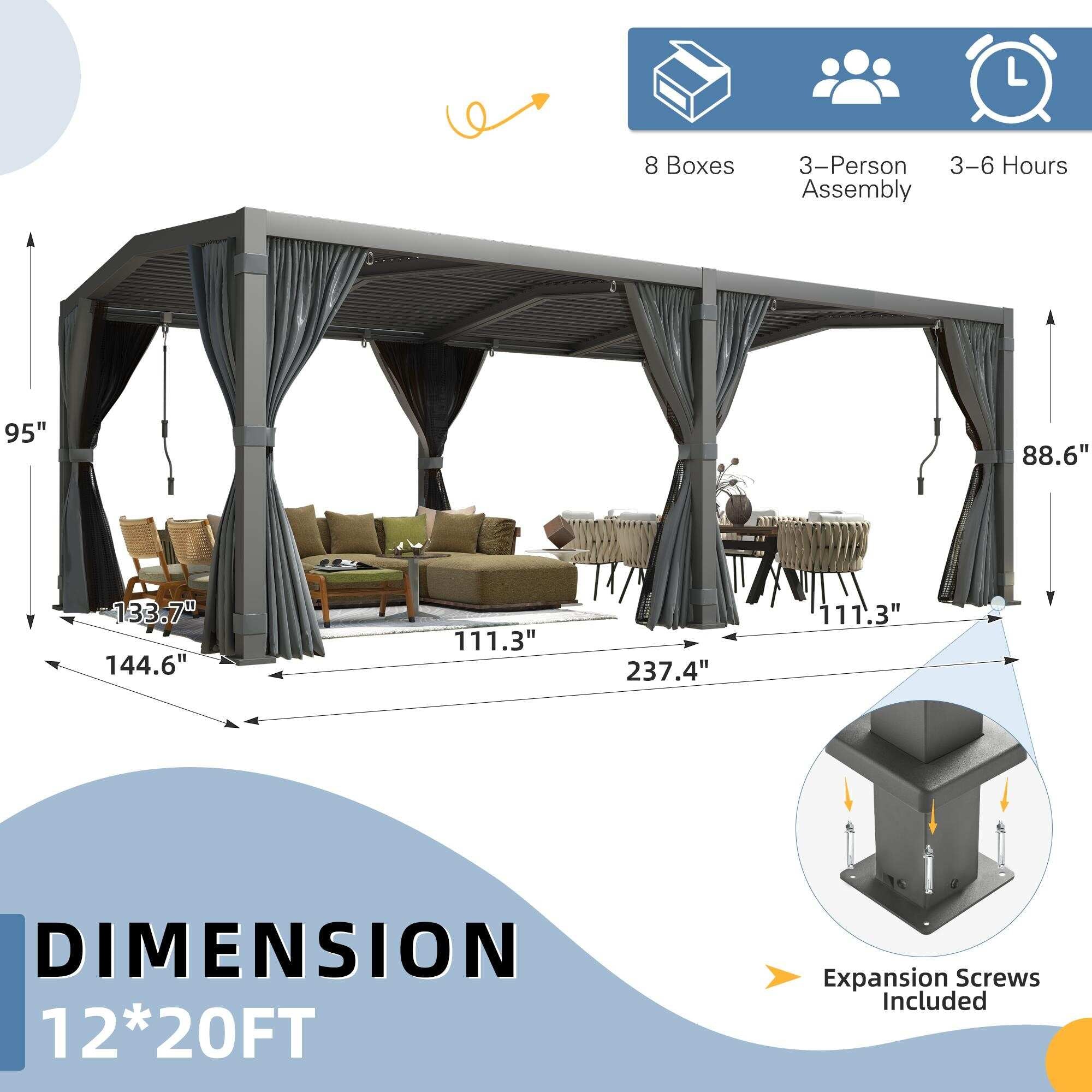 12X20 Louvered Pergola,Dark Grey Aluminum Frame with Adjustable Rainproof Roof, Featuring Waterproof Curtains and Nets