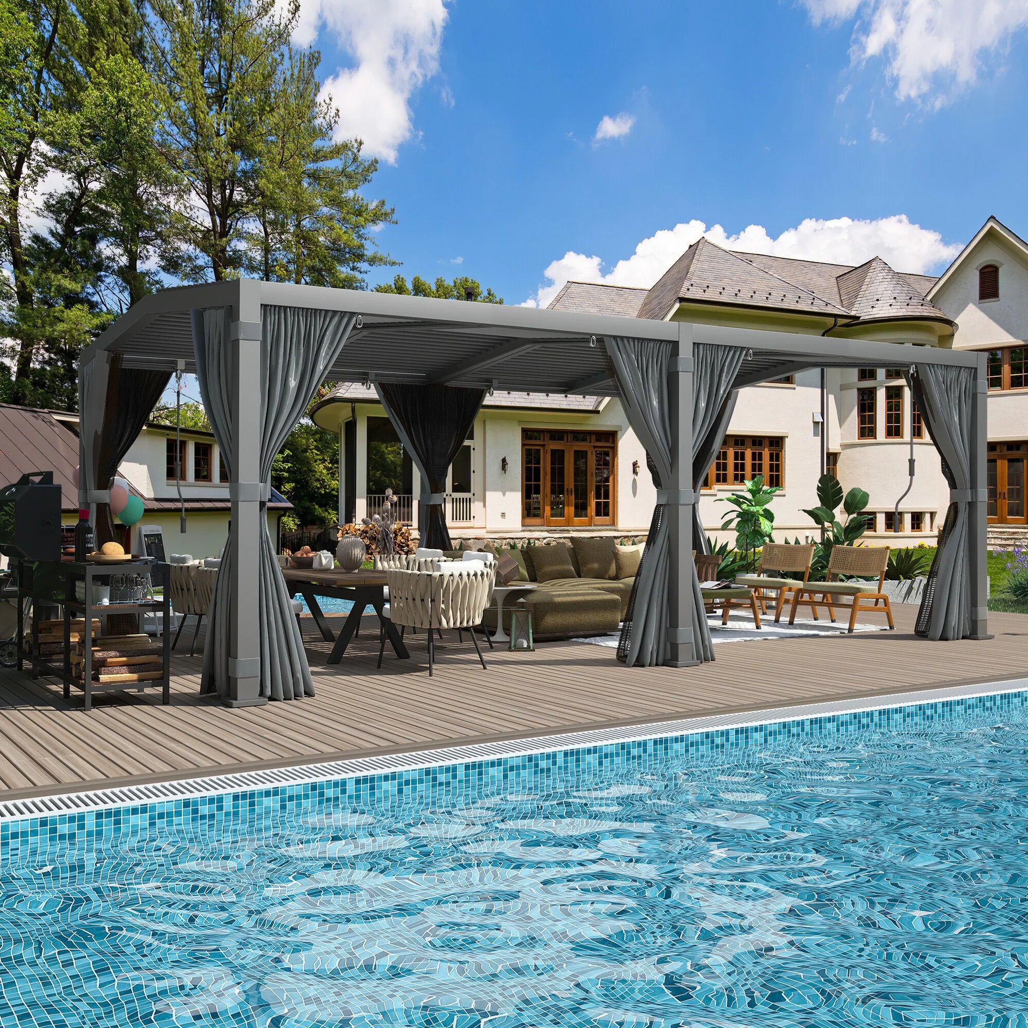 12X20 Louvered Pergola,Dark Grey Aluminum Frame with Adjustable Rainproof Roof, Featuring Waterproof Curtains and Nets