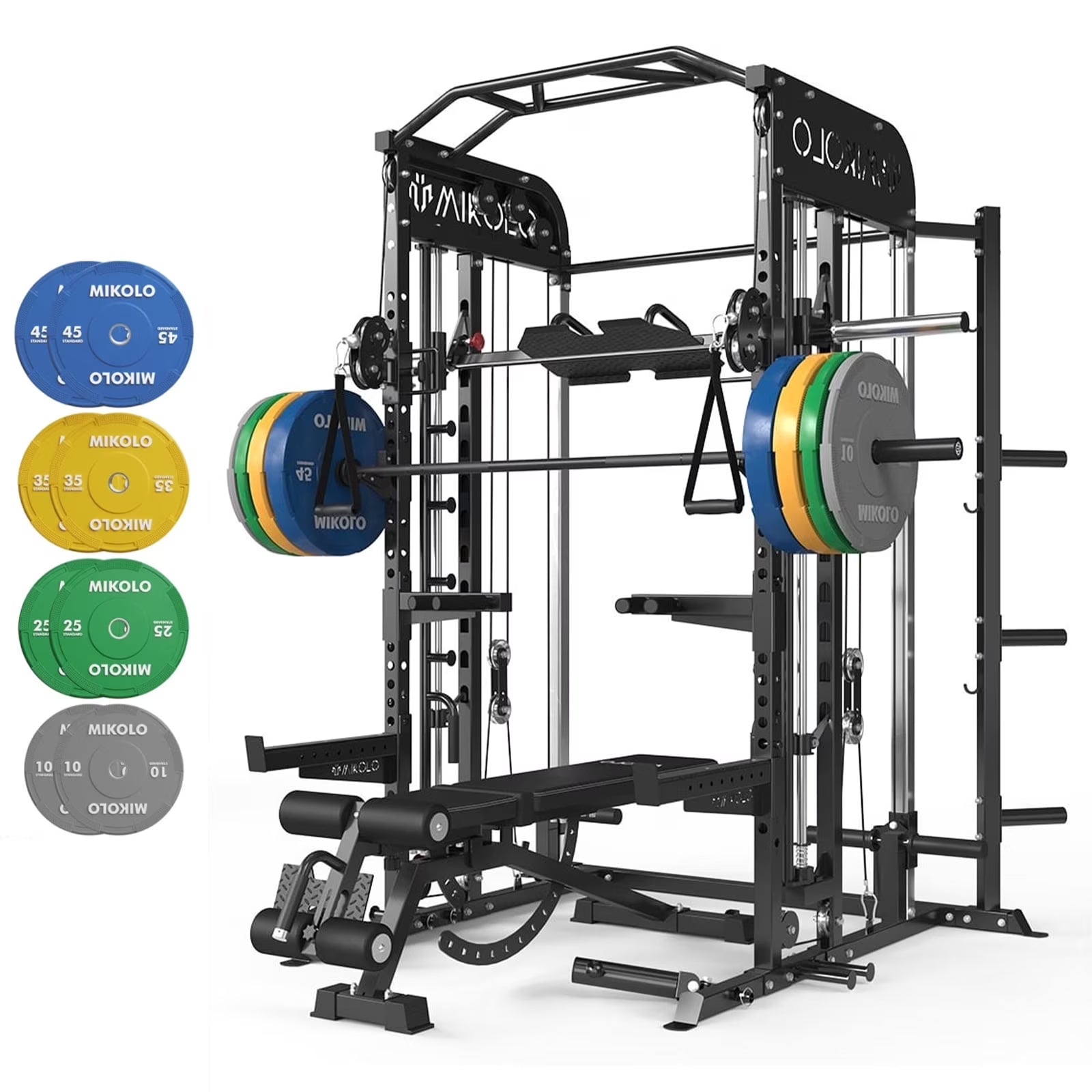 Smith Machine, All-In-One Power Rack Cage with Vertical Leg Press, 2000LBS Power Cage Squat Rack with Smith Bar, Dual Pulley Cable Crossover System for Home Gym with Barbell Bench and Plates