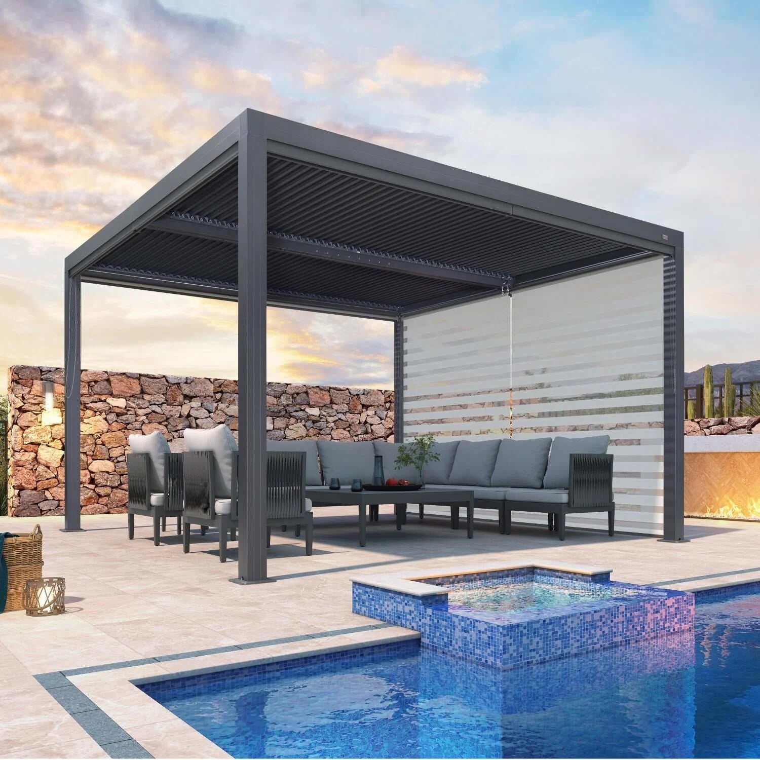 Gray Louvered Pergola Outdoor Aluminum Pergola with Adjustable Roof for Patio Gray Hardtop Gazebo