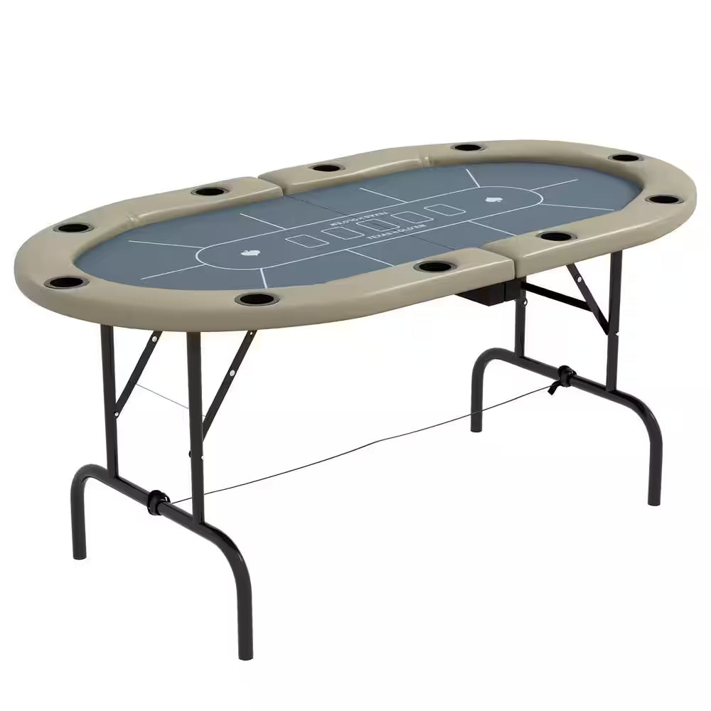 Poker Table Foldable, 70 In. Oval Blackjack Casino Texas Holdem Poker Game Table in Blue and Brown
