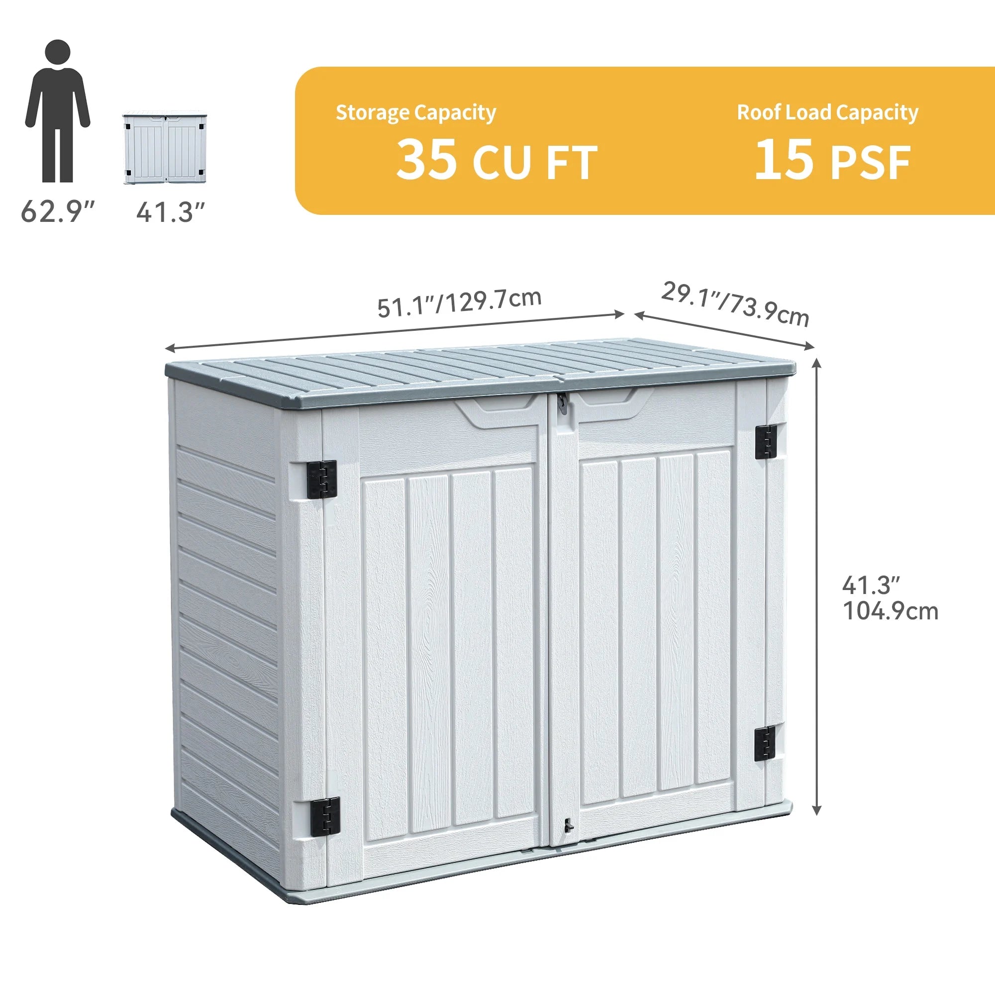 35 Cu Ft Outdoor Horizontal Storage Sheds, Weather Resistant Resin Tool Shed, Multi-Opening Door for Easy Storage of Bike, Trash Cans, Garden Tools, Lawn Mowers, Waterproof, Lockable