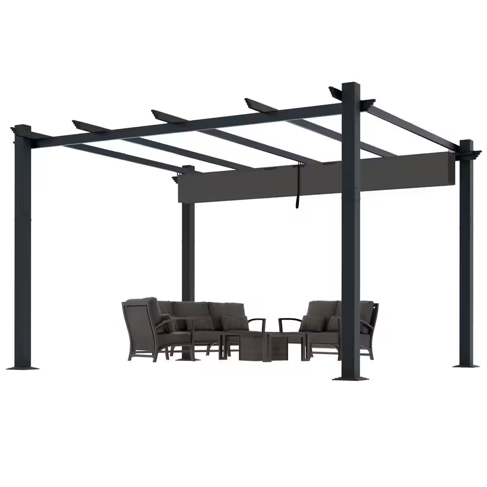 16 Ft. W X 12 Ft. D Aluminum Pergola Outdoor with Dark Gray Retractable Canopy