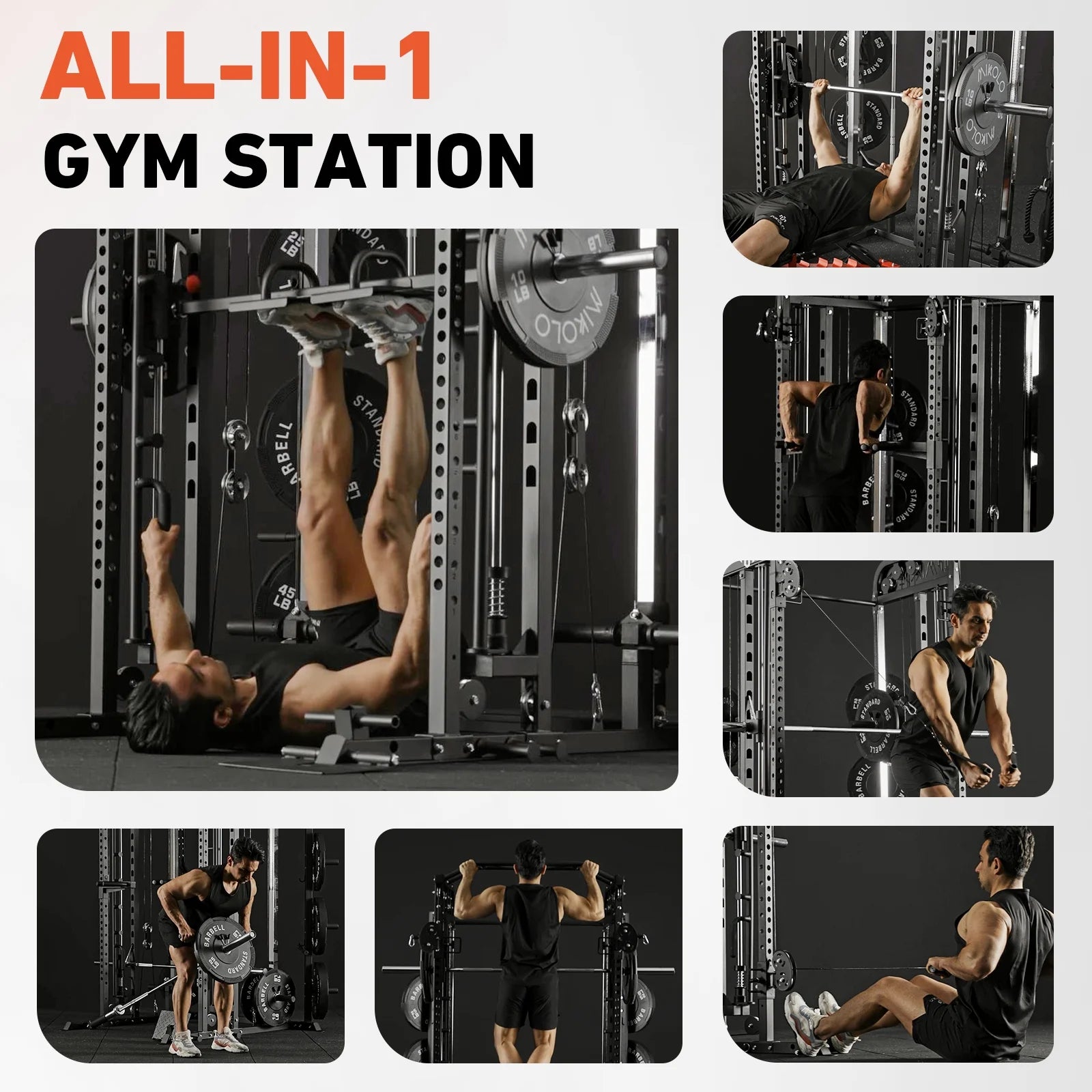 Smith Machine, All-In-One Power Rack Cage with Vertical Leg Press, 2000LBS Power Cage Squat Rack with Smith Bar, Dual Pulley Cable Crossover System for Home Gym with Barbell Bench and Plates
