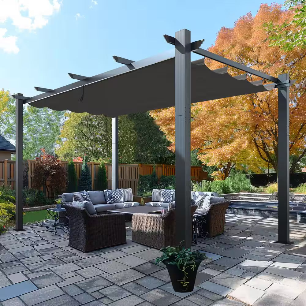 16 Ft. W X 12 Ft. D Aluminum Pergola Outdoor with Dark Gray Retractable Canopy