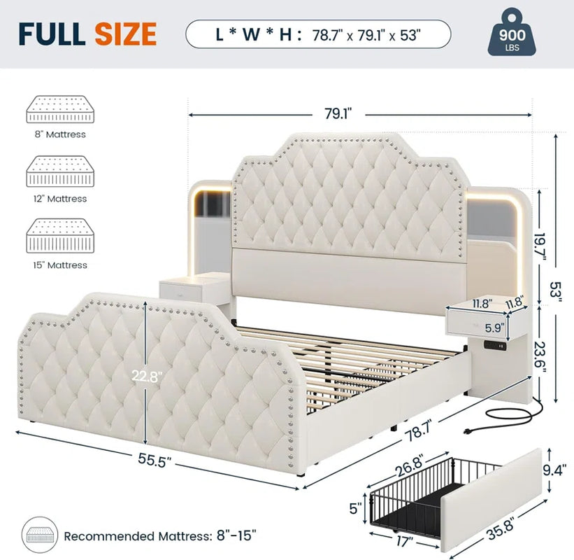 Karlton Bed with 4 Storage Drawers,Led Tall Platform Bed Frame