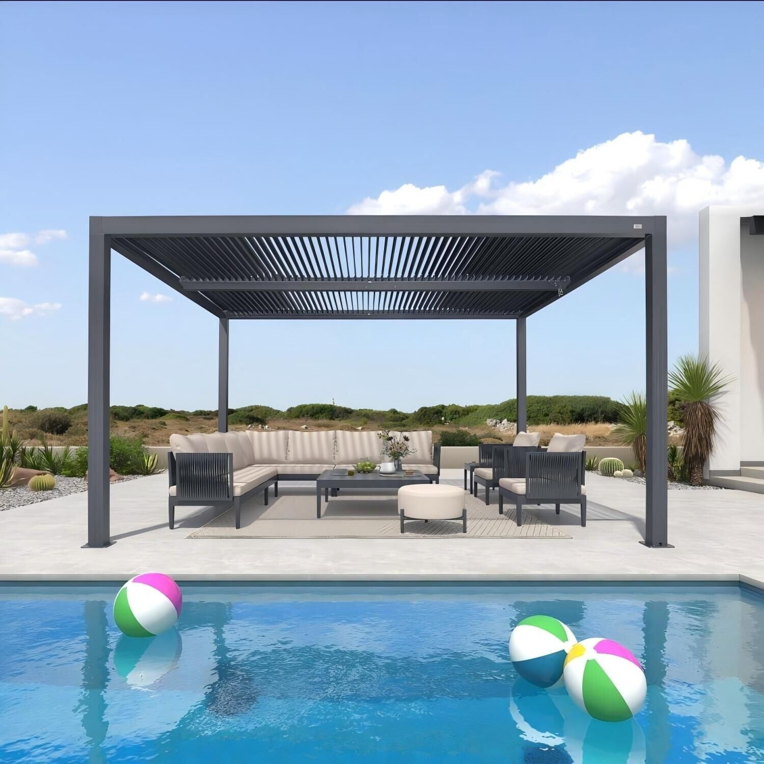 Gray Louvered Pergola Outdoor Aluminum Pergola with Adjustable Roof for Patio Gray Hardtop Gazebo