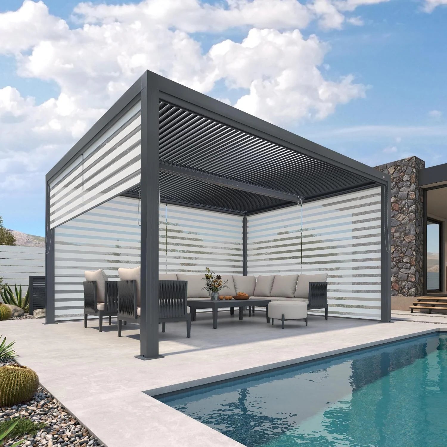 Gray Louvered Pergola Outdoor Aluminum Pergola with Adjustable Roof for Patio Gray Hardtop Gazebo