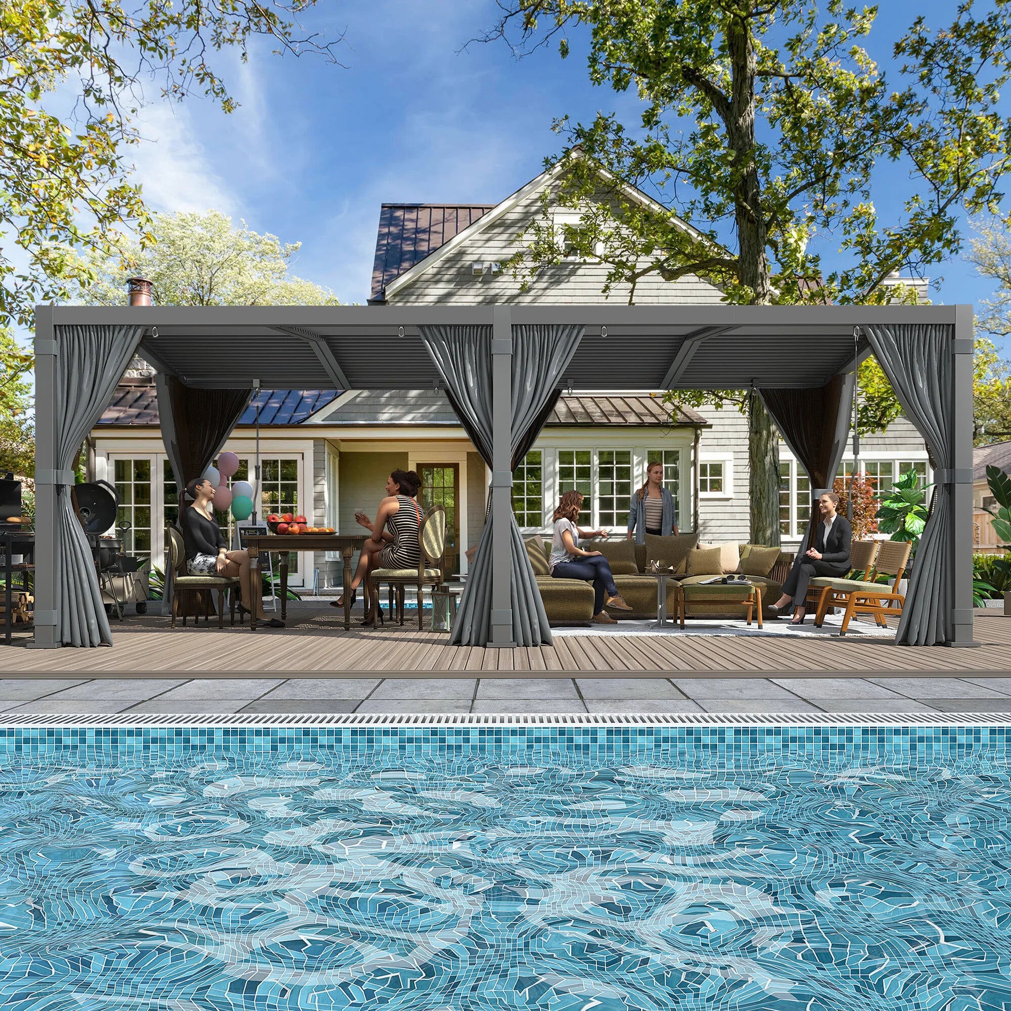 12X20 Louvered Pergola,Dark Grey Aluminum Frame with Adjustable Rainproof Roof, Featuring Waterproof Curtains and Nets