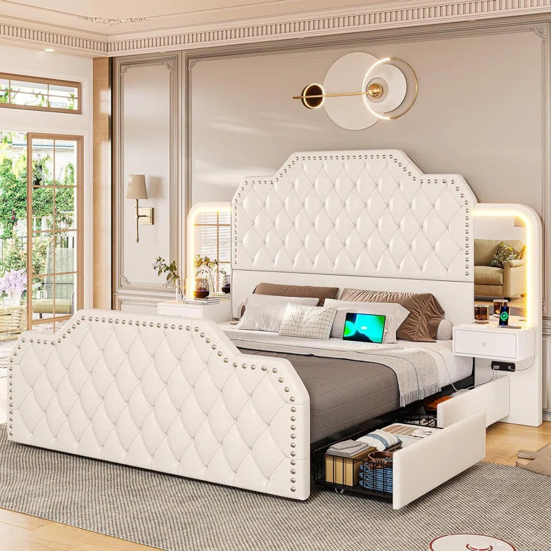 Karlton Bed with 4 Storage Drawers,Led Tall Platform Bed Frame