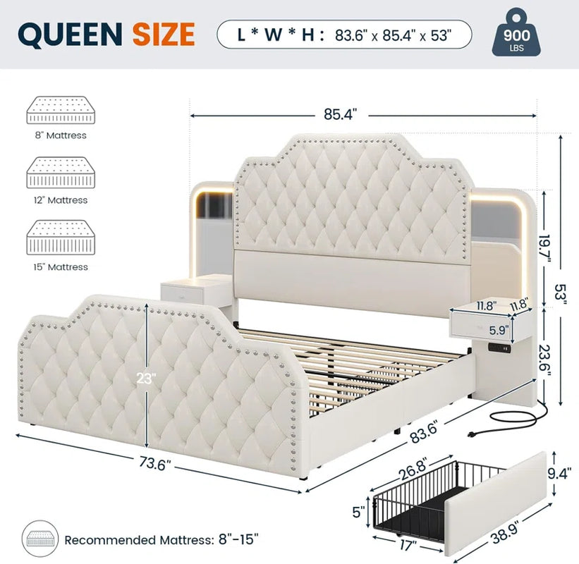 Karlton Bed with 4 Storage Drawers,Led Tall Platform Bed Frame