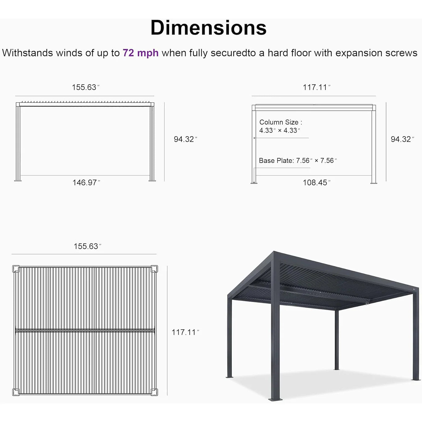 Gray Louvered Pergola Outdoor Aluminum Pergola with Adjustable Roof for Patio Gray Hardtop Gazebo