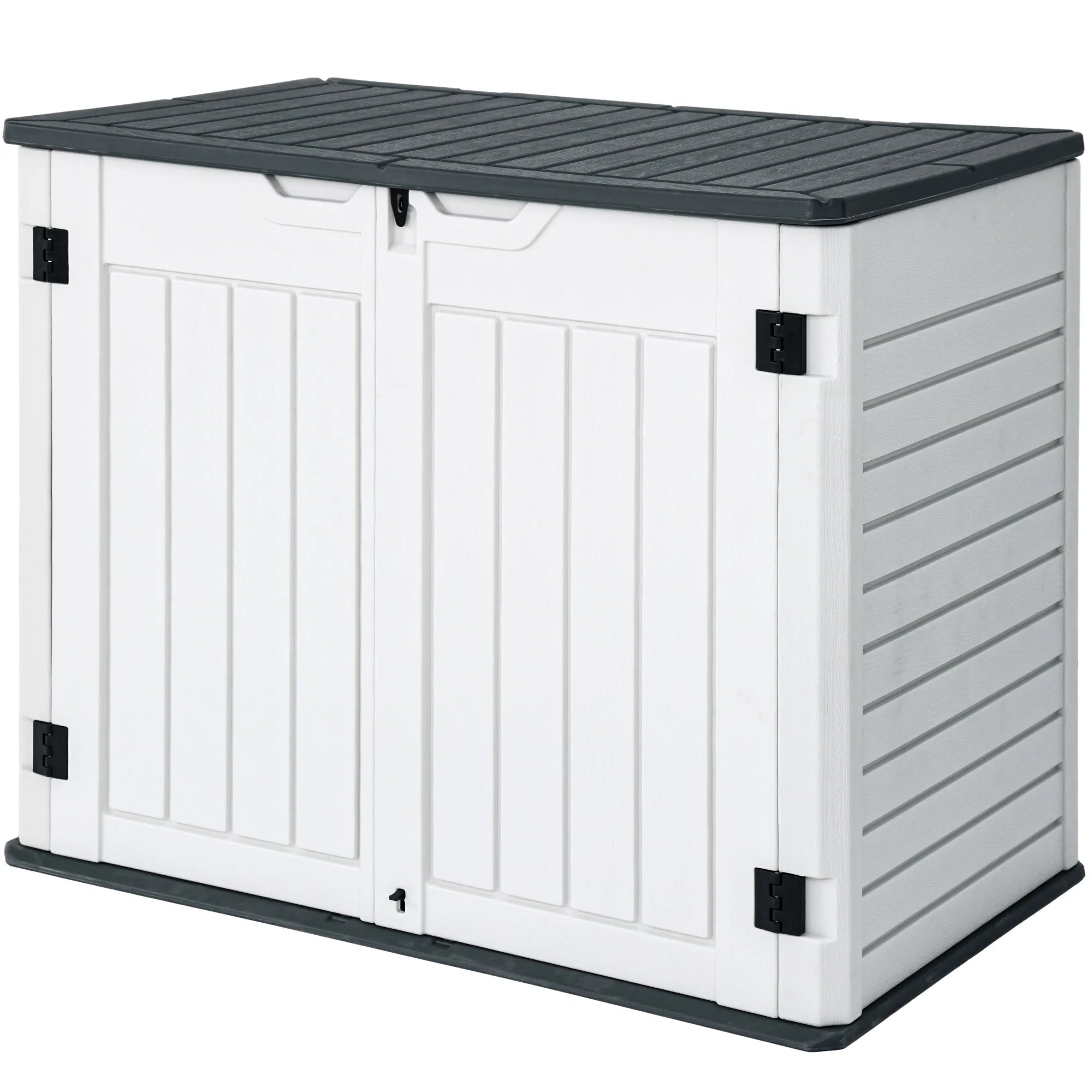 35 Cu Ft Outdoor Horizontal Storage Sheds, Weather Resistant Resin Tool Shed, Multi-Opening Door for Easy Storage of Bike, Trash Cans, Garden Tools, Lawn Mowers, Waterproof, Lockable