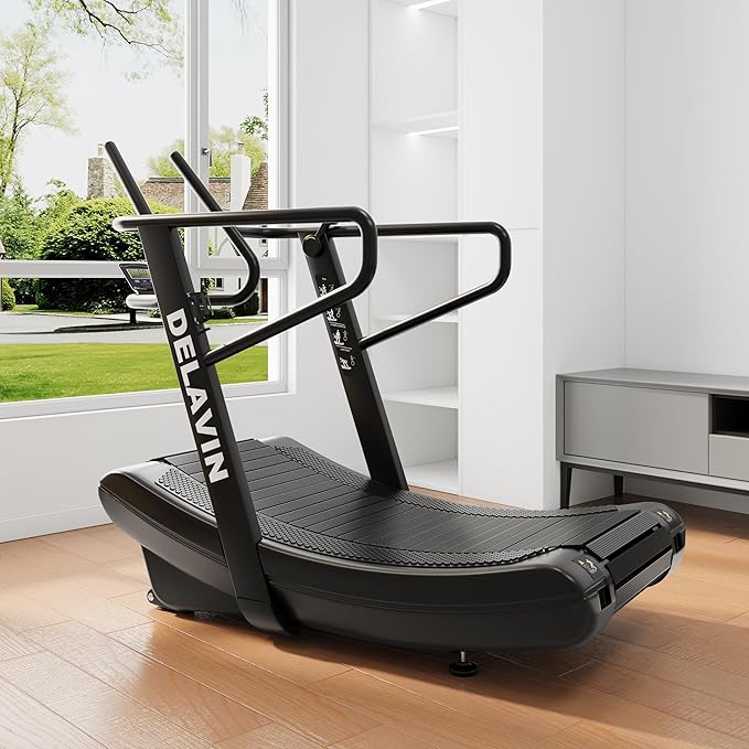 DELAVIN Curved Manual Treadmill with 4 Resistance Levels – Self-Powered Air Runner for Home & Commercial Gyms