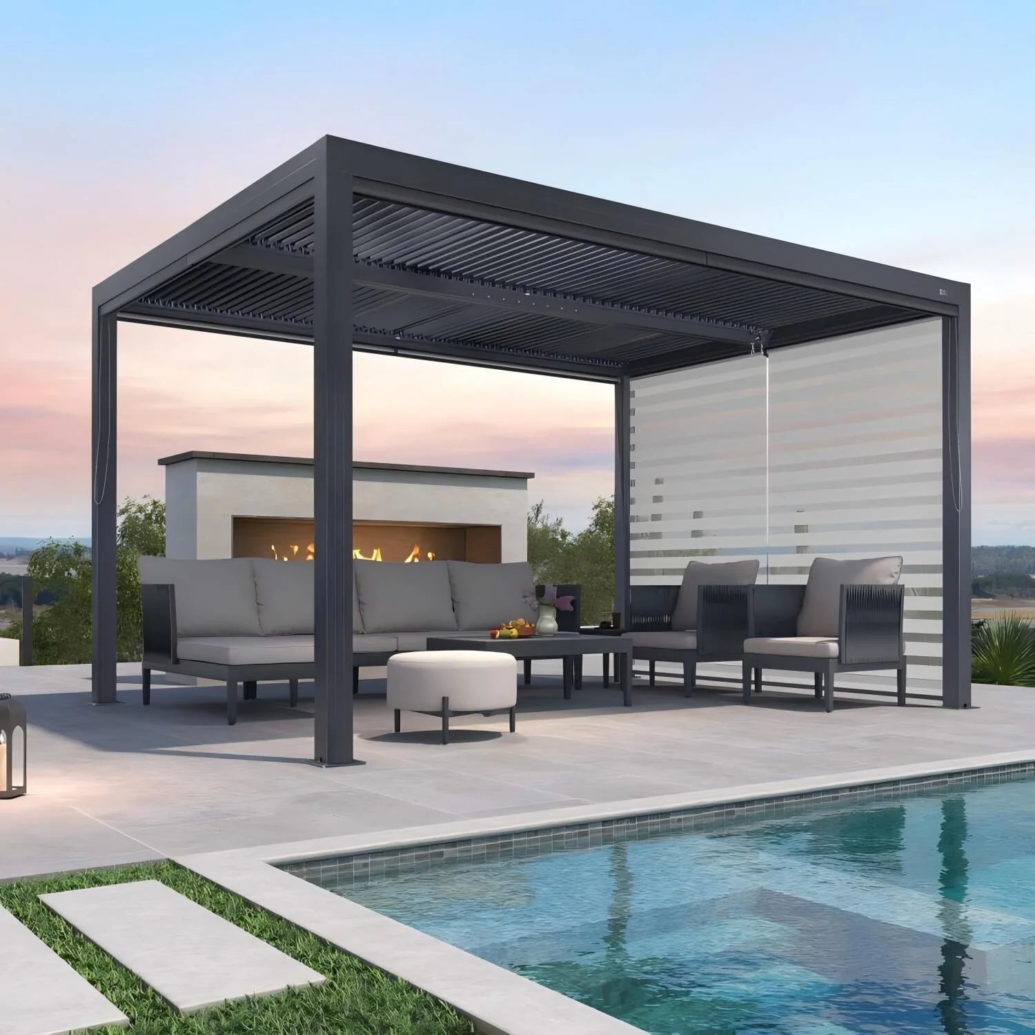 Gray Louvered Pergola Outdoor Aluminum Pergola with Adjustable Roof for Patio Gray Hardtop Gazebo