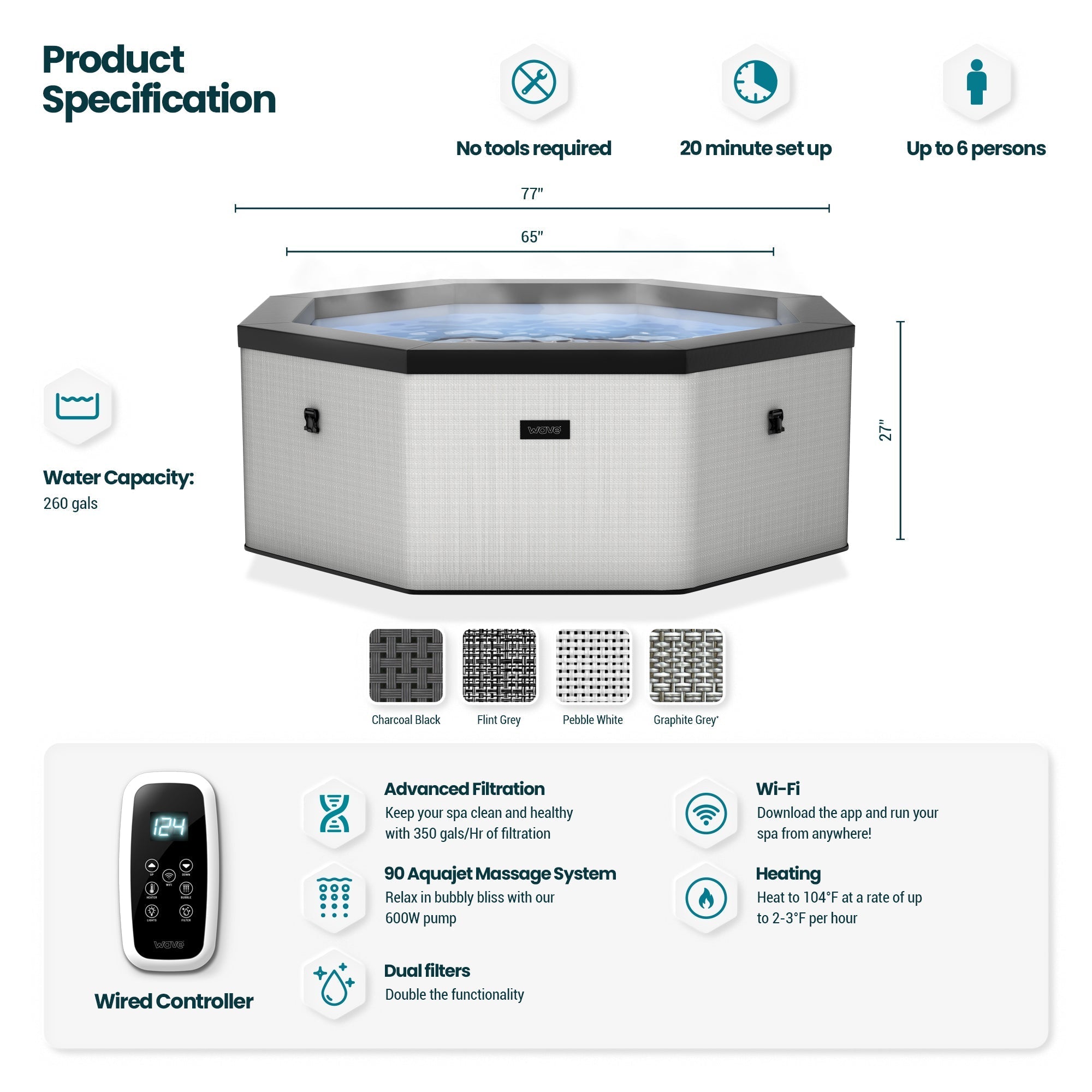 Como Eco Series 6-Person Foam Hot Tub | Octagon | Built-In Integrated Heater & Bubble Jet Massage