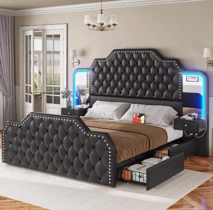 Karlton Queen Upholstered Platform Bed with LED Lighting, Storage Drawers & Attached Nightstands