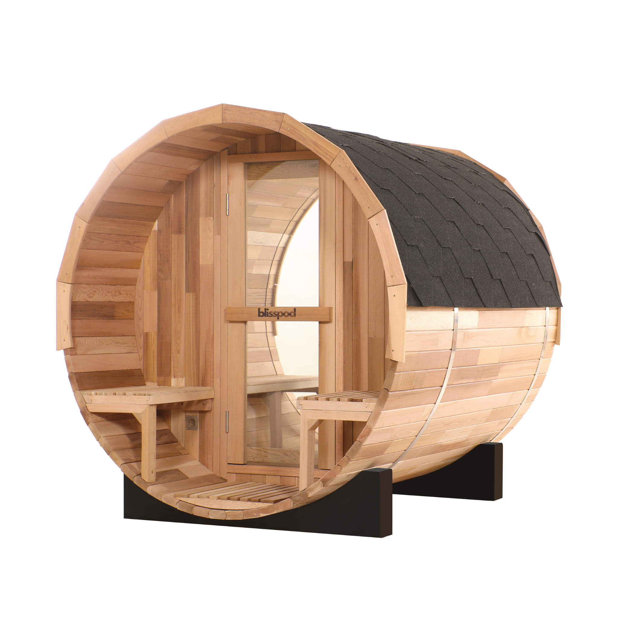 Blisspod Prague Series 2-4 or 4-6 Person Outdoor Steam Barell Sauna | Canadian Red Cedar | Full Glass Back & 2 front Porch Seats