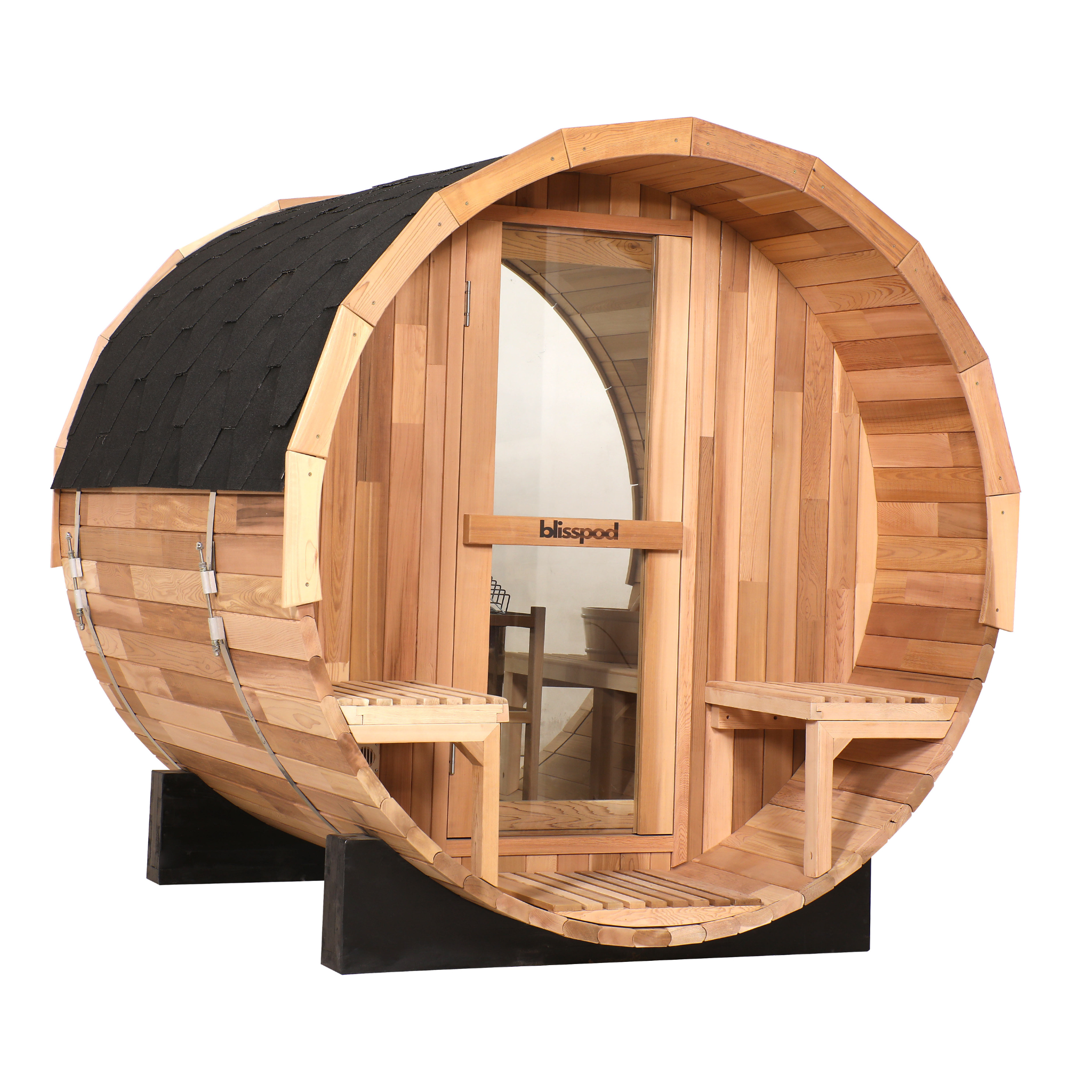 Blisspod Prague Series 2-4 or 4-6 Person Outdoor Steam Barell Sauna | Canadian Red Cedar | Full Glass Back & 2 front Porch Seats