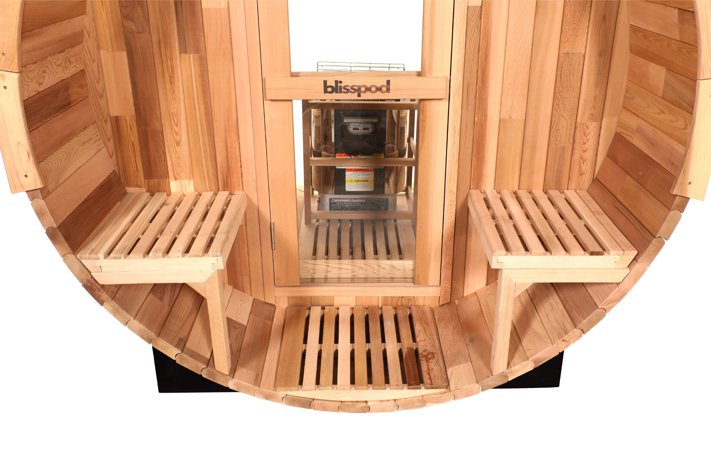 Blisspod Prague Series 2-4 or 4-6 Person Outdoor Steam Barell Sauna | Canadian Red Cedar | Full Glass Back & 2 front Porch Seats