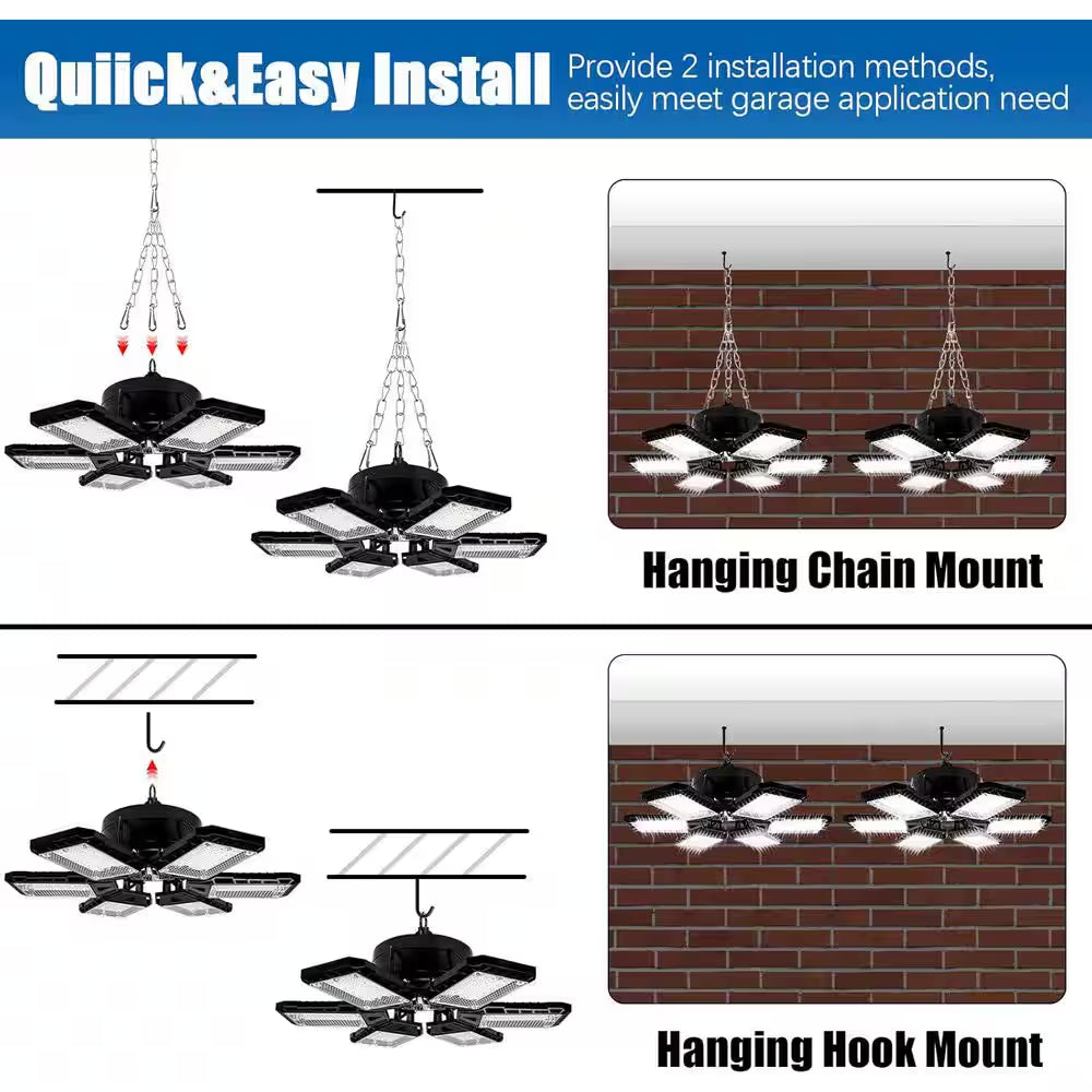 18000Lumen LED Garage Shop Light 180-Watt 4-Pack 6 plus 1 Deformable Panel 6500K E26/E27 Basement Barn Warehouse Ceiling