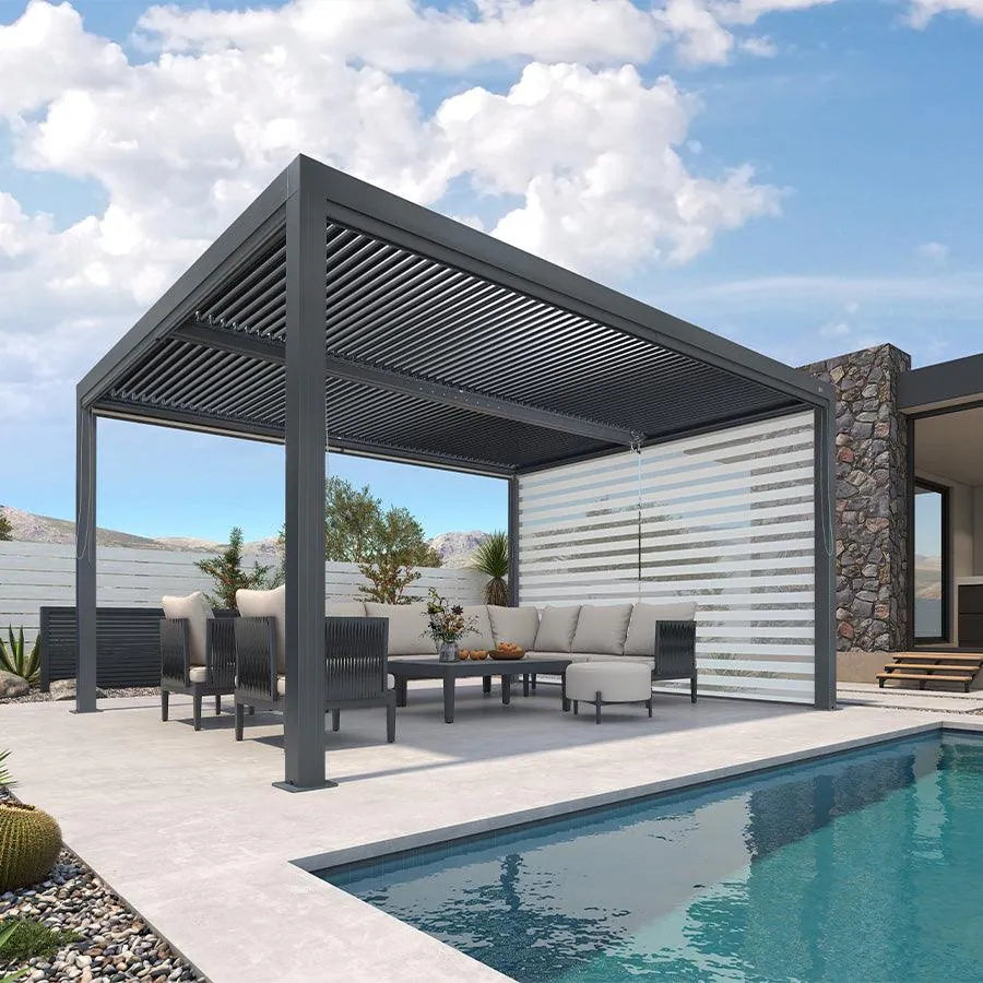 Gray Louvered Pergola Outdoor Aluminum Pergola with Adjustable Roof for Patio Gray Hardtop Gazebo