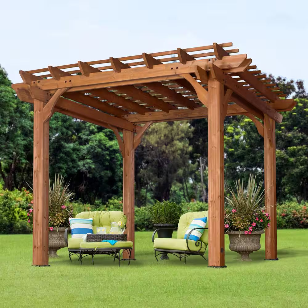 10 Ft. X 10 Ft. Traditional All Cedar Wood Outdoor Patio Pergola Shade Structure
