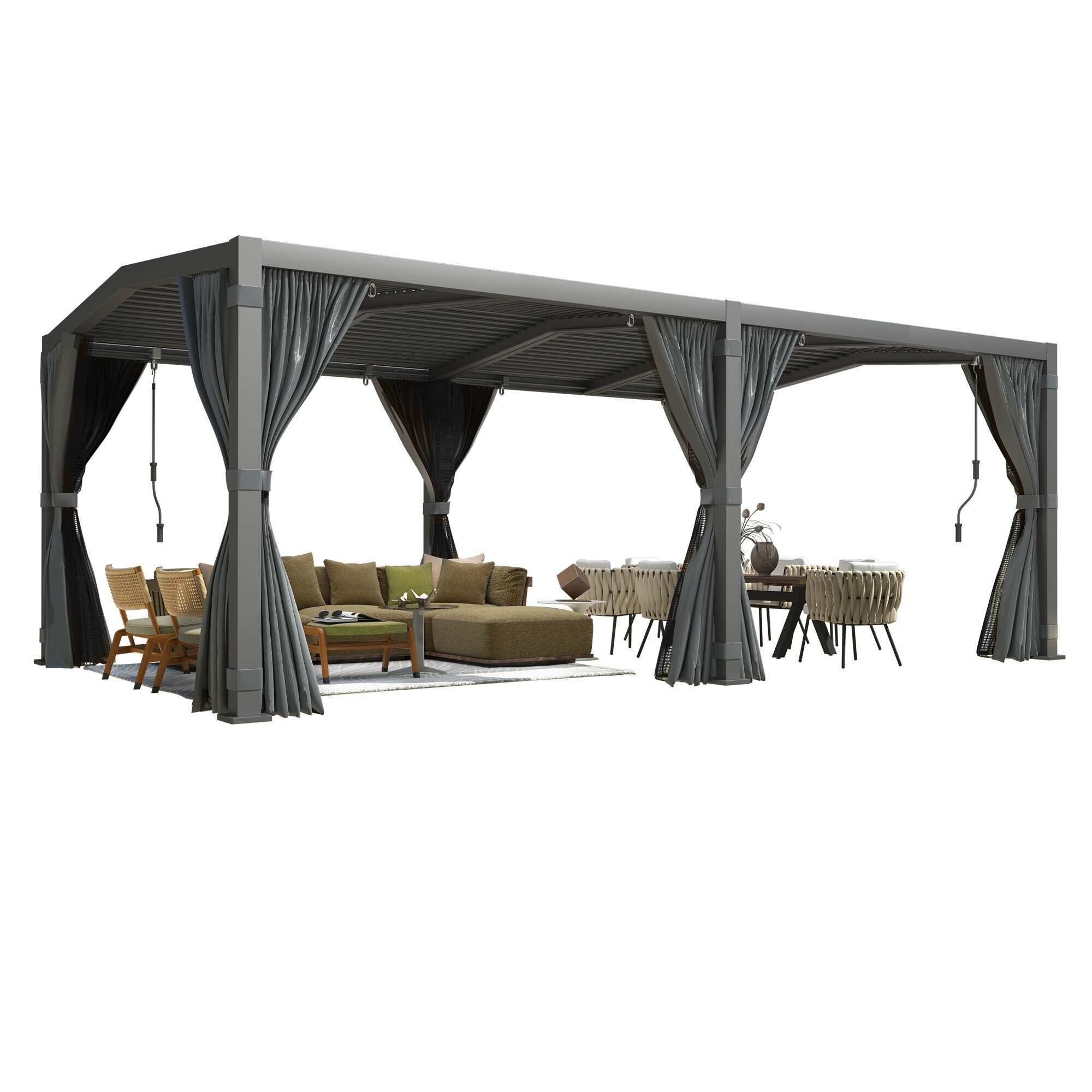 12X20 Louvered Pergola,Dark Grey Aluminum Frame with Adjustable Rainproof Roof, Featuring Waterproof Curtains and Nets