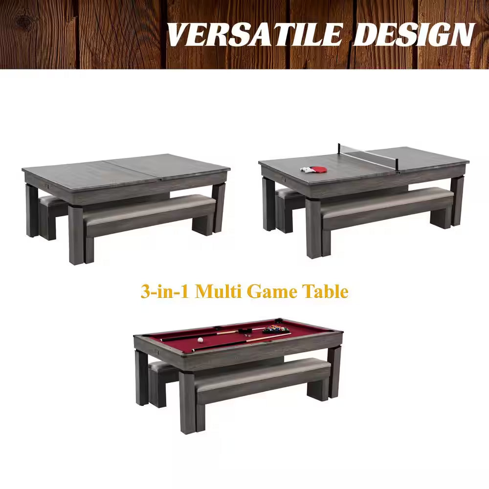 Prescott 7 Ft. Pool Table, 3-In-1 Dining Top and Table Tennis with Game Accessories and Rolling Storage Caddy