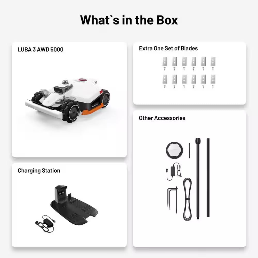 LUBA 3 AWD 5000 16 In. 360° Lidar Robot Lawn Mower (1-1/4 Acre), Adjustable Cutting Height (1 In. - 2.7 In.) AI Vision