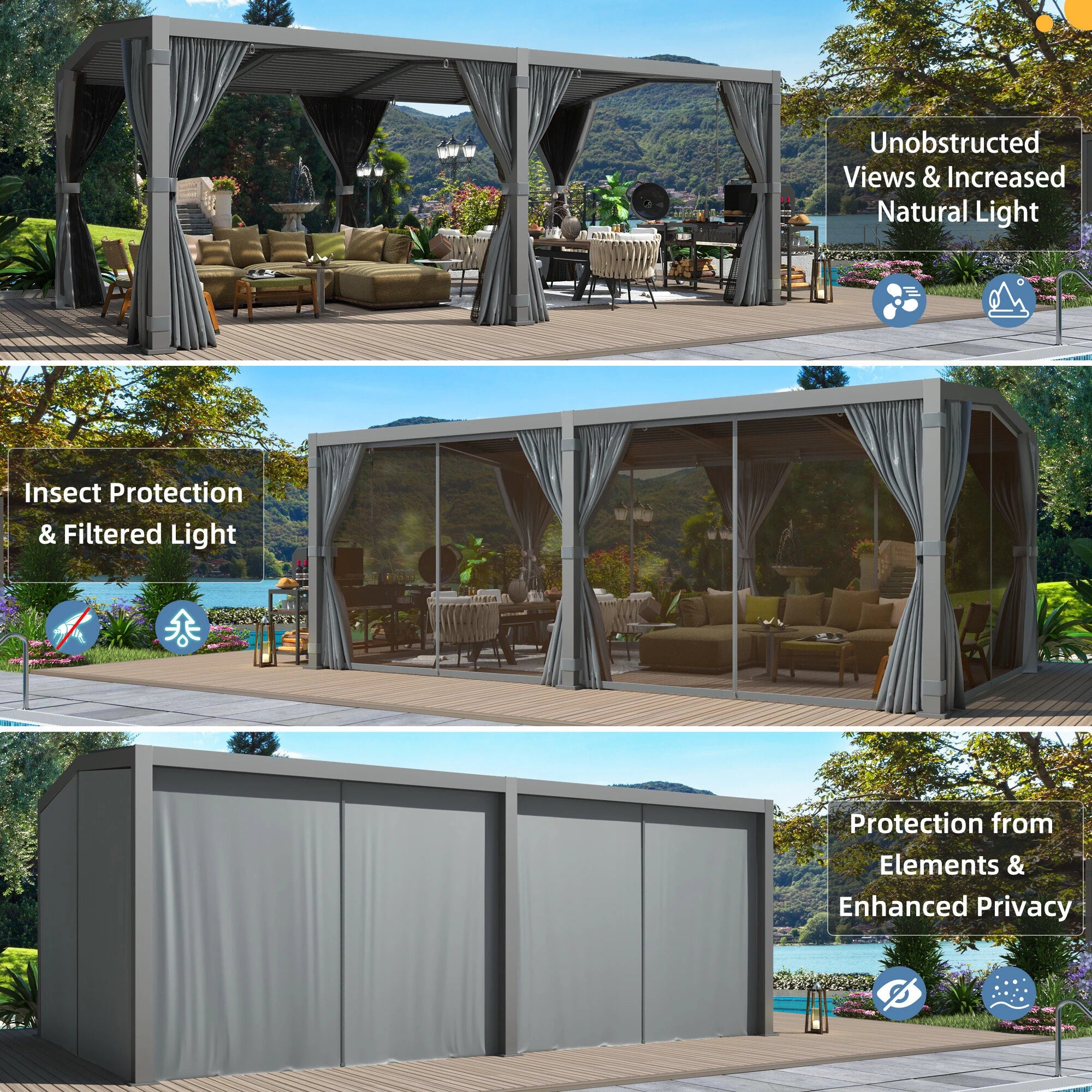 12X20 Louvered Pergola,Dark Grey Aluminum Frame with Adjustable Rainproof Roof, Featuring Waterproof Curtains and Nets