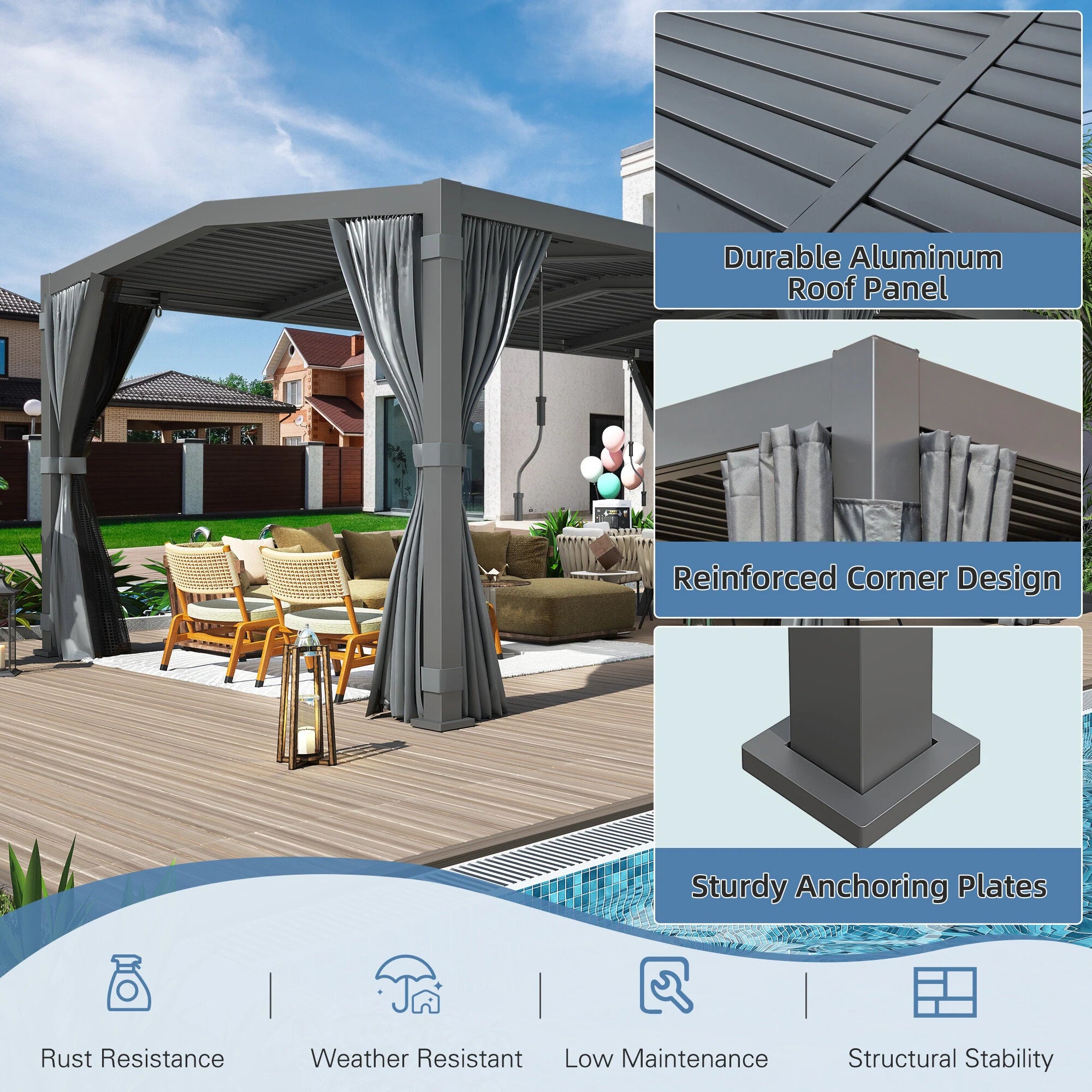 12X20 Louvered Pergola,Dark Grey Aluminum Frame with Adjustable Rainproof Roof, Featuring Waterproof Curtains and Nets