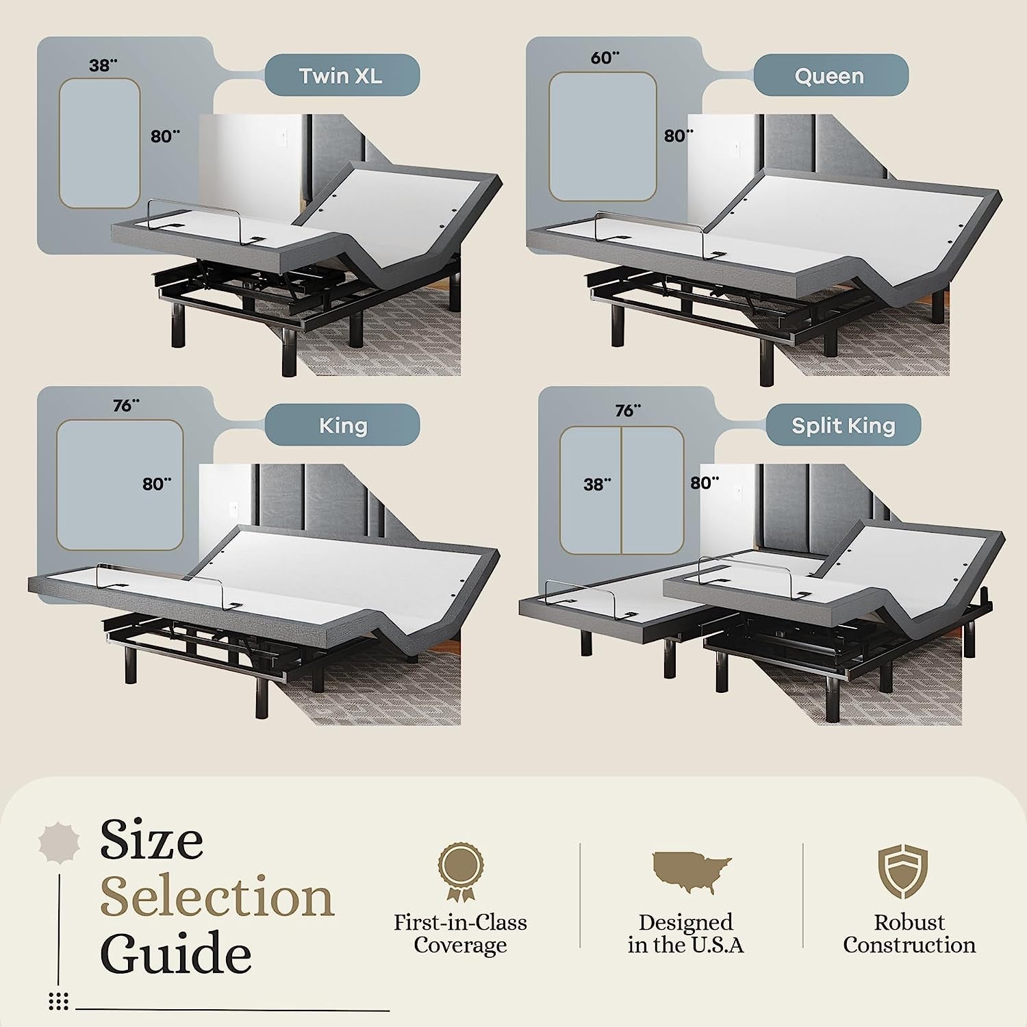 Classic Adjustable Bed Base, Head and Foot Lift, Massage, Under-Bed Lights, USB, Memory, Zero Gravity Smart Frame - King