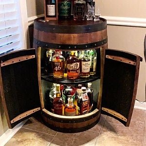 Buffalo Trace Whiskey Barrel Bar Cabinet with LED Lighting & Rotating Shelves