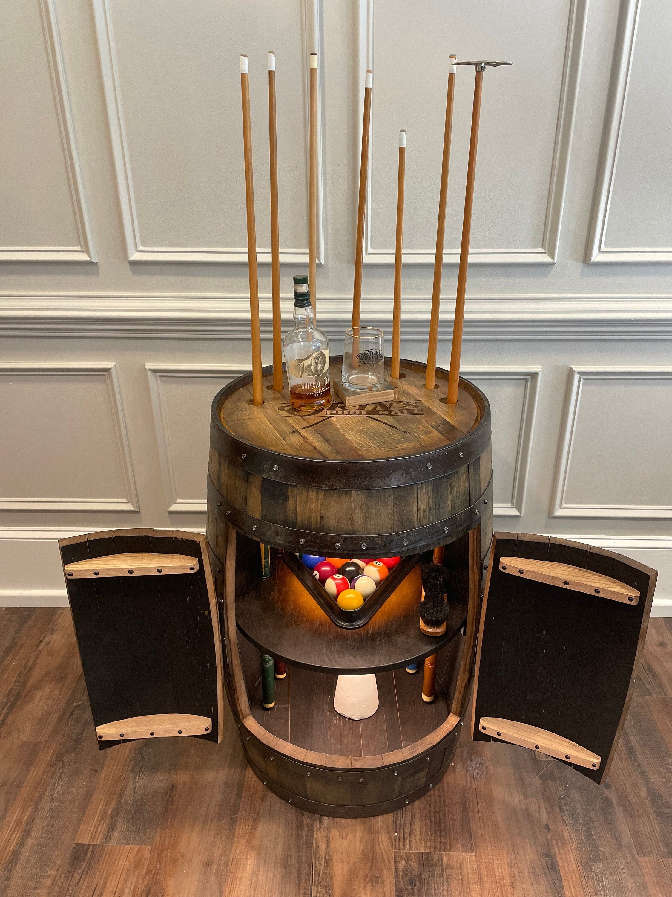 Whiskey Barrel Pool/Billiards Cabinet with LED Lighting