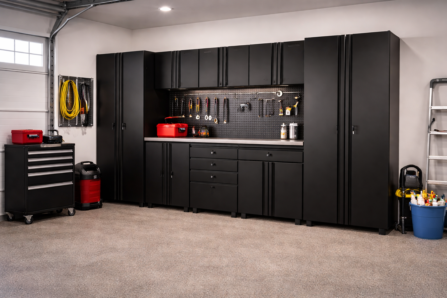 10-Piece Welded Steel Garage Storage System – 163.5” Modular Cabinet Set with Stainless Steel Worktop (Black)