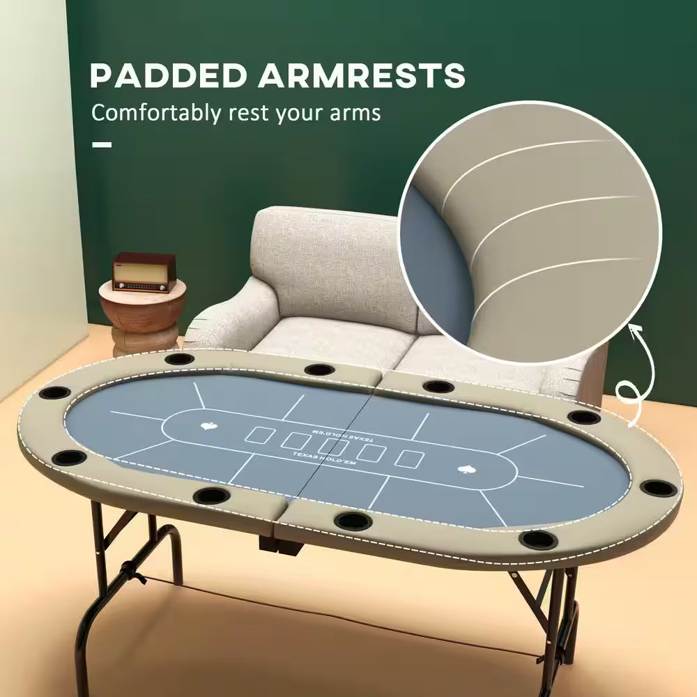 Poker Table Foldable, 70 In. Oval Blackjack Casino Texas Holdem Poker Game Table in Blue and Brown