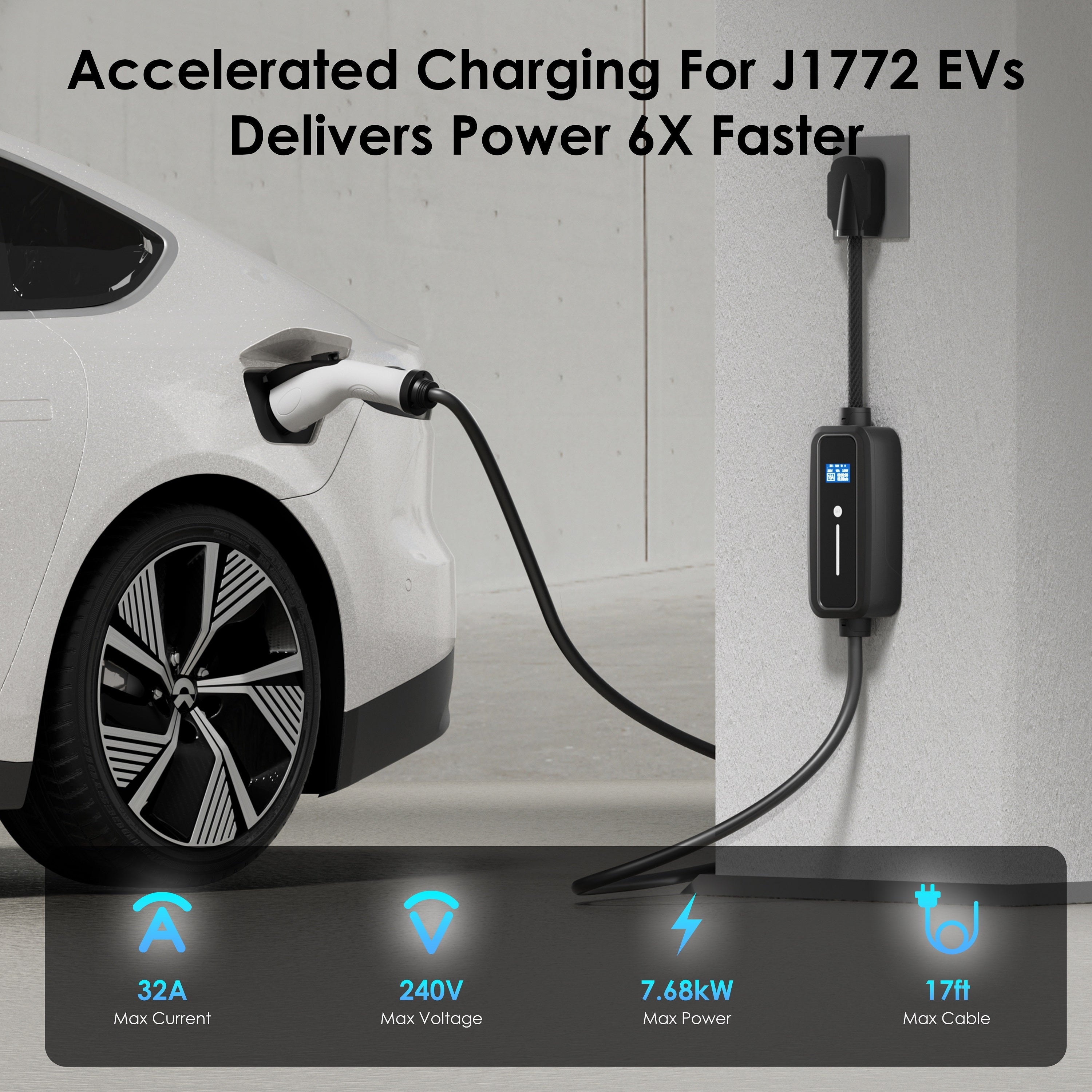 Portable Level 2 EV Charger – 32A J1772 Charging Station with NEMA 14-50 Plug & LED Display