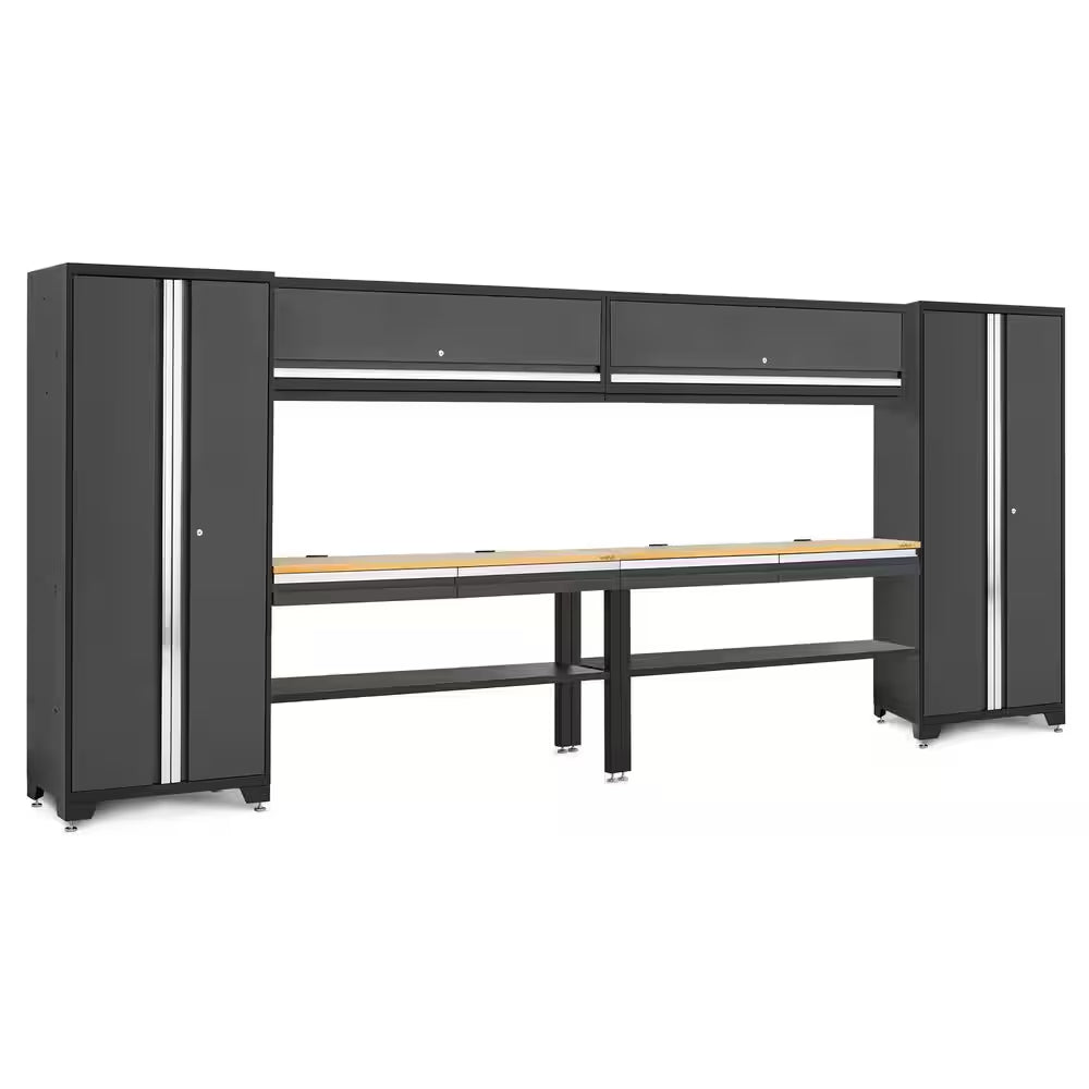 Bold Series 180In.Wx76.75In. Hx18In. D Pre Assembled 24-Gauge Steel 8-Piece Garage Storage System in Gray,Bamboo Worktop