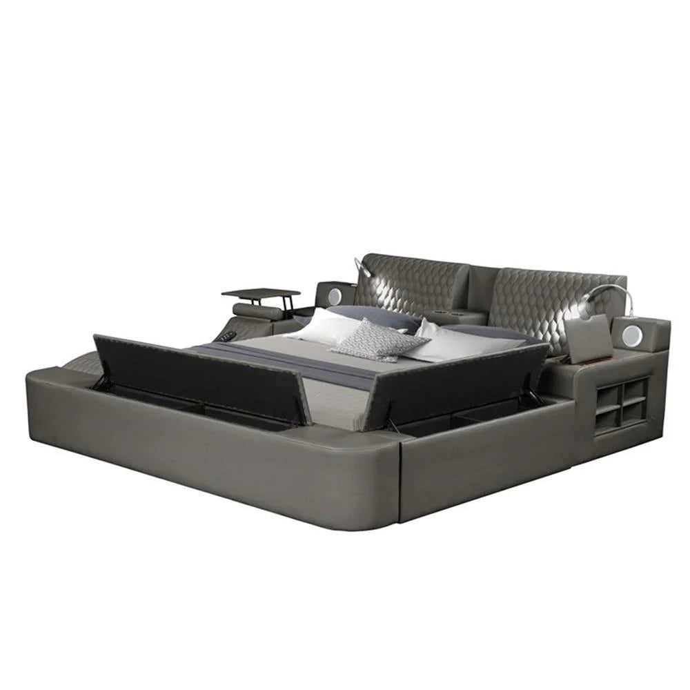 Smart Multifunctional Queen Size Bed Made with Wood in Gray