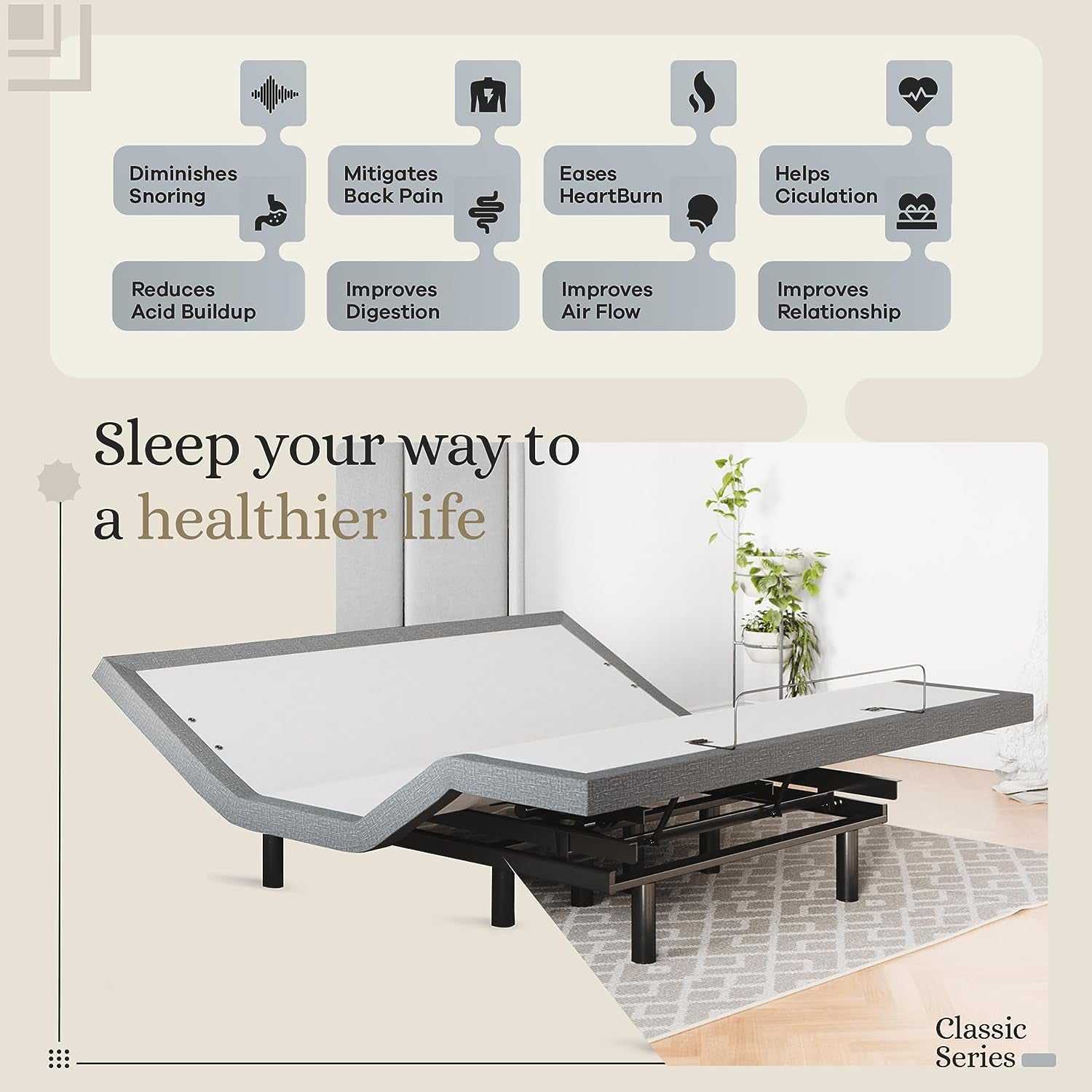 Classic Adjustable Bed Base, Head and Foot Lift, Massage, Under-Bed Lights, USB, Memory, Zero Gravity Smart Frame - King