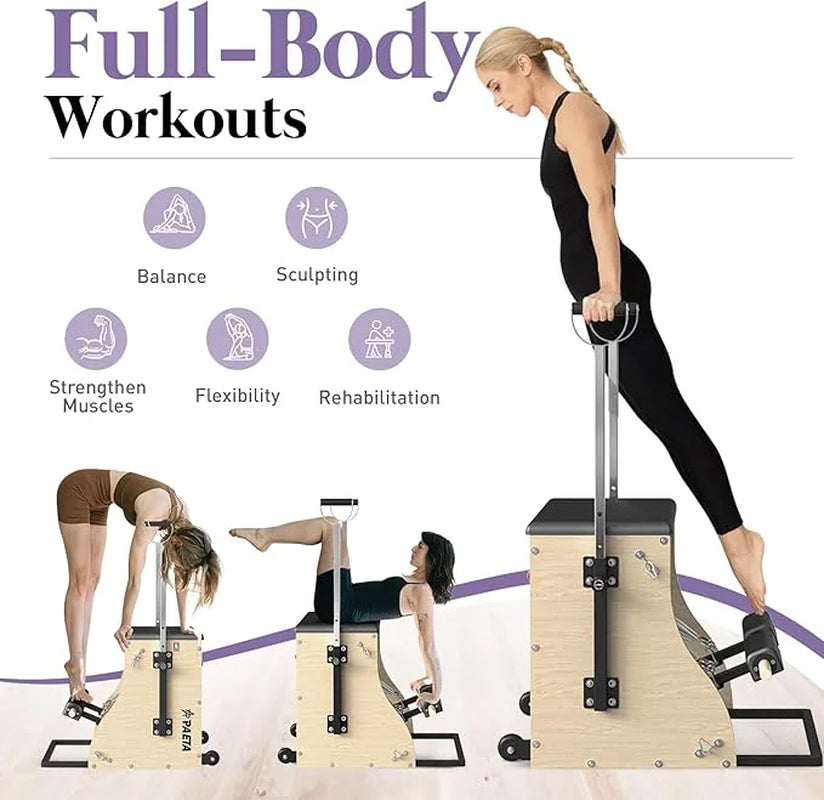 Pilates Reformer Machine, Wood Pilates Machine Bed Yoga Exercise Strength Training Equipment with Pilates Chair and Pilates Barrel for Home Workout