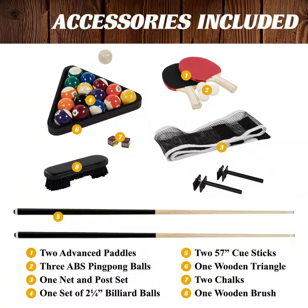 Prescott 7 Ft. Pool Table, 3-In-1 Dining Top and Table Tennis with Game Accessories and Rolling Storage Caddy