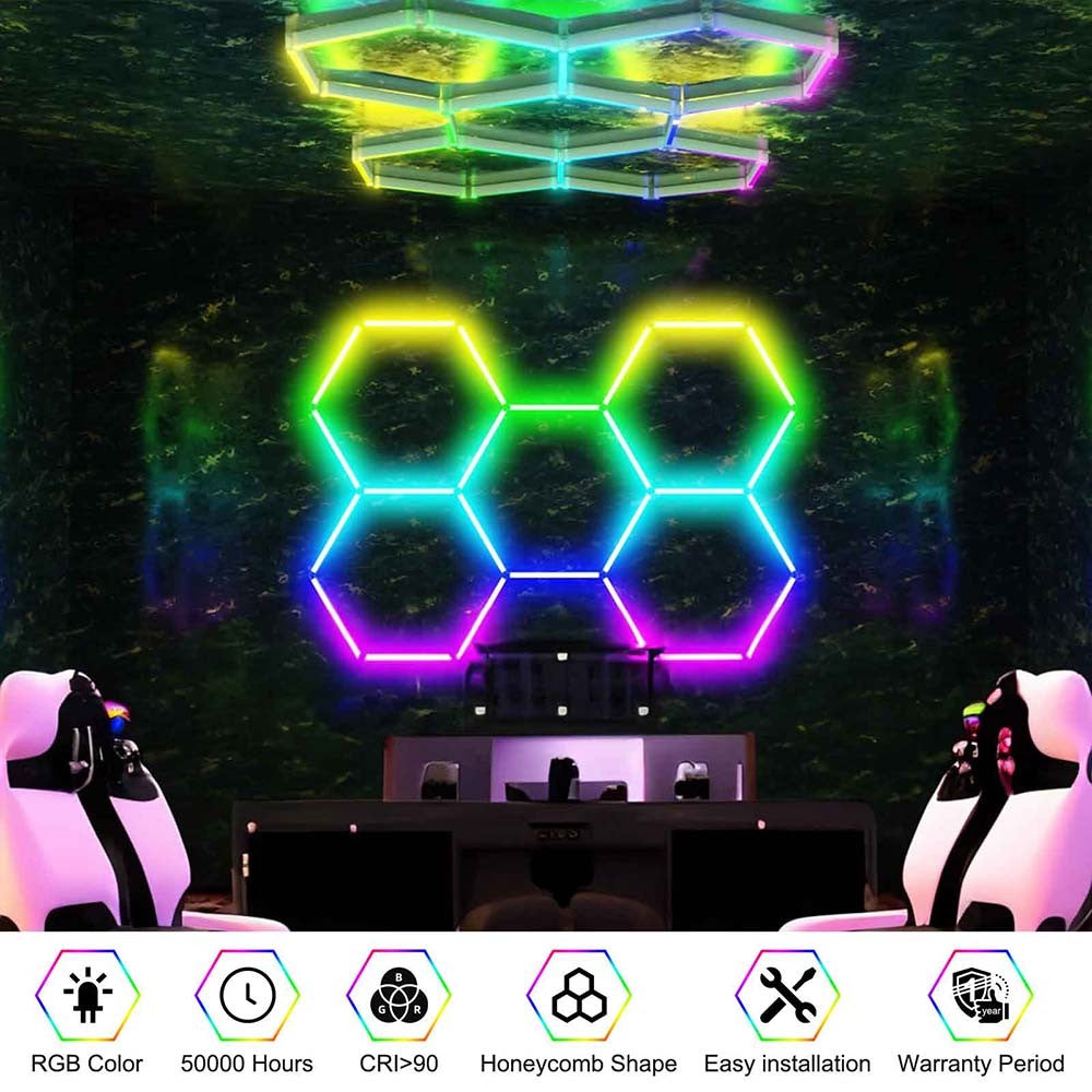 RGB LED Hexagon Garage Lights Car Detailing Shop Light No Border for Garage Bar