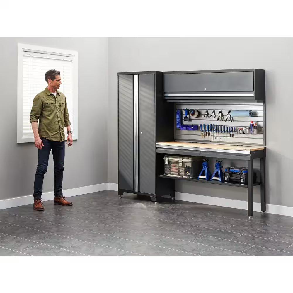 Bold Series 180In.Wx76.75In. Hx18In. D Pre Assembled 24-Gauge Steel 8-Piece Garage Storage System in Gray,Bamboo Worktop