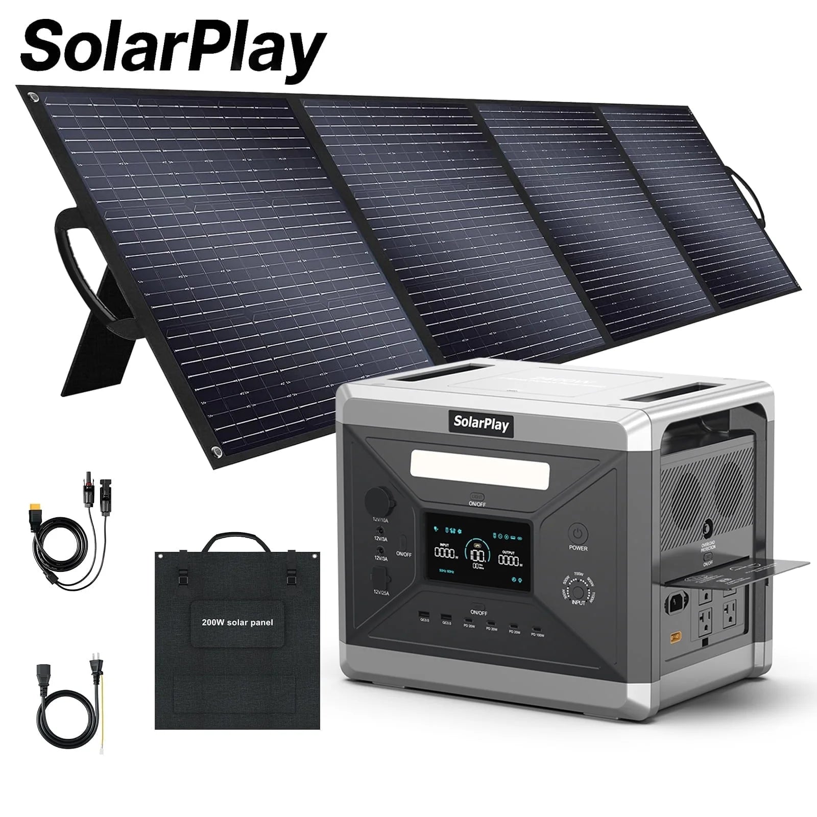 Portable Power Station, 2400W/2160Wh Large Capacity Solar Power Station, with 200W Solar Panel, 4 AC Outlets (4800W Peak), Emergency Power Station for Home, Camping, Outdoor Battery Backup