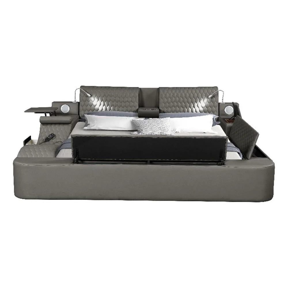 Smart Multifunctional Queen Size Bed Made with Wood in Gray